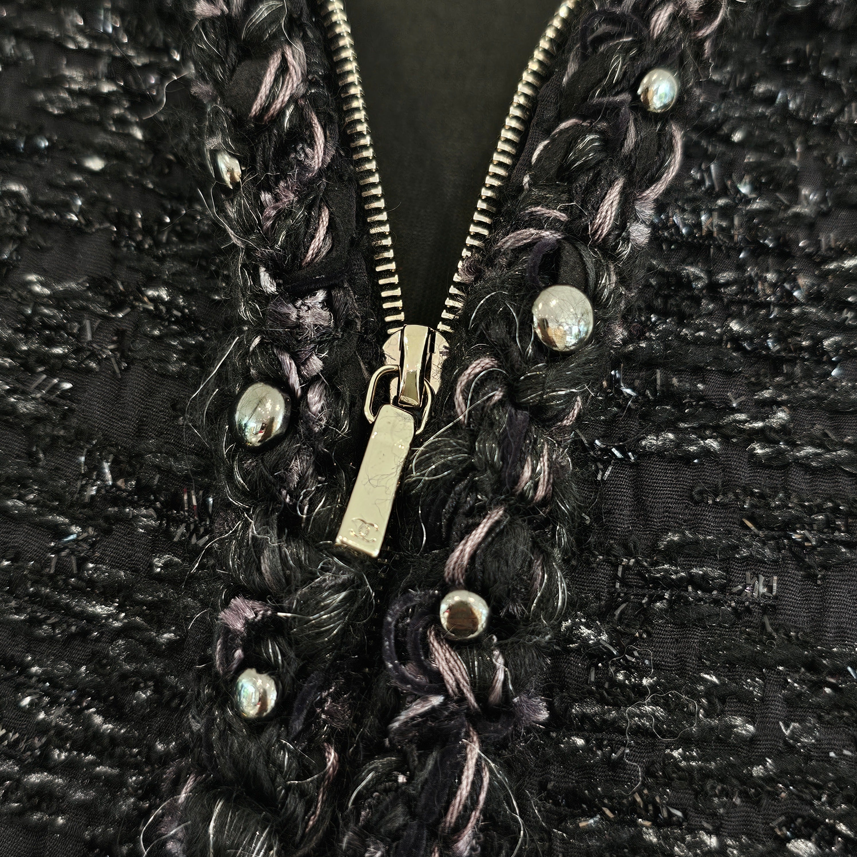 CHANEL 2014 Cruise Studs Decoration Wool Nylon Zip Up Tweed Jacket P49616V32950 Size 42 シャネル 2014クルーズ スタッズ装飾 ウールナイロン ジップアップ ツイード ジャケット サイズ42