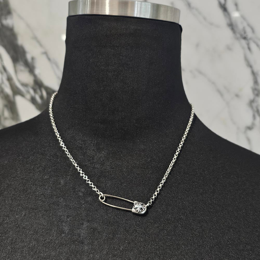 CHROME HEARTS Safety Pin Pendant Top 1 Diamond Roll Chain Necklace