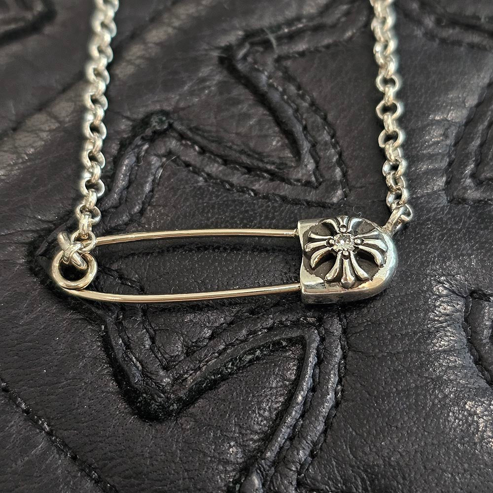 CHROME HEARTS Safety Pin Pendant Top 1 Diamond Roll Chain Necklace Size 16 Inch クロムハーツ セーフティピン 1ダイヤモンド ペンダントトップ ロールチェーン ネックレス サイズ16インチ
