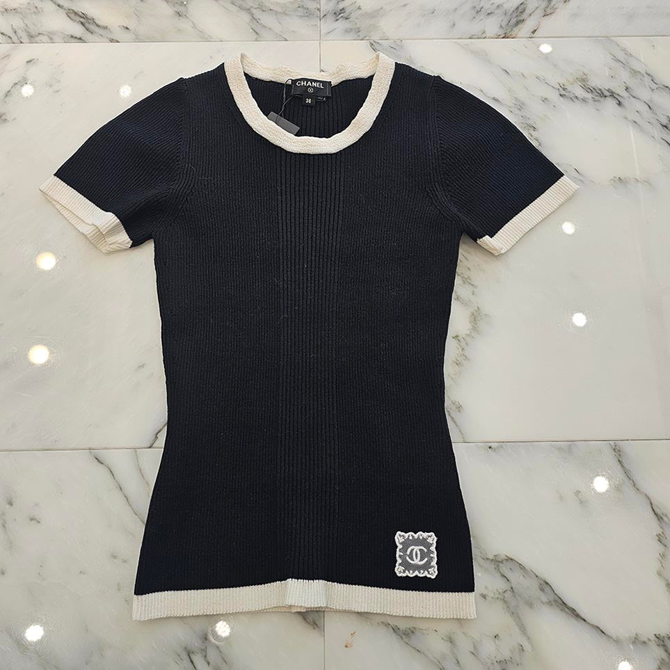 CHANEL 2025SS Lace Embroidered Logo Rib Knit Tee P79494K11480 Size 36 シャネル レース刺繡ロゴリブニットTシャツ サイズ36