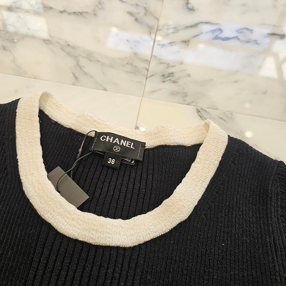 CHANEL 2025SS Lace Embroidered Logo Rib Knit Tee P79494K11480 Size 36 シャネル レース刺繡ロゴリブニットTシャツ サイズ36