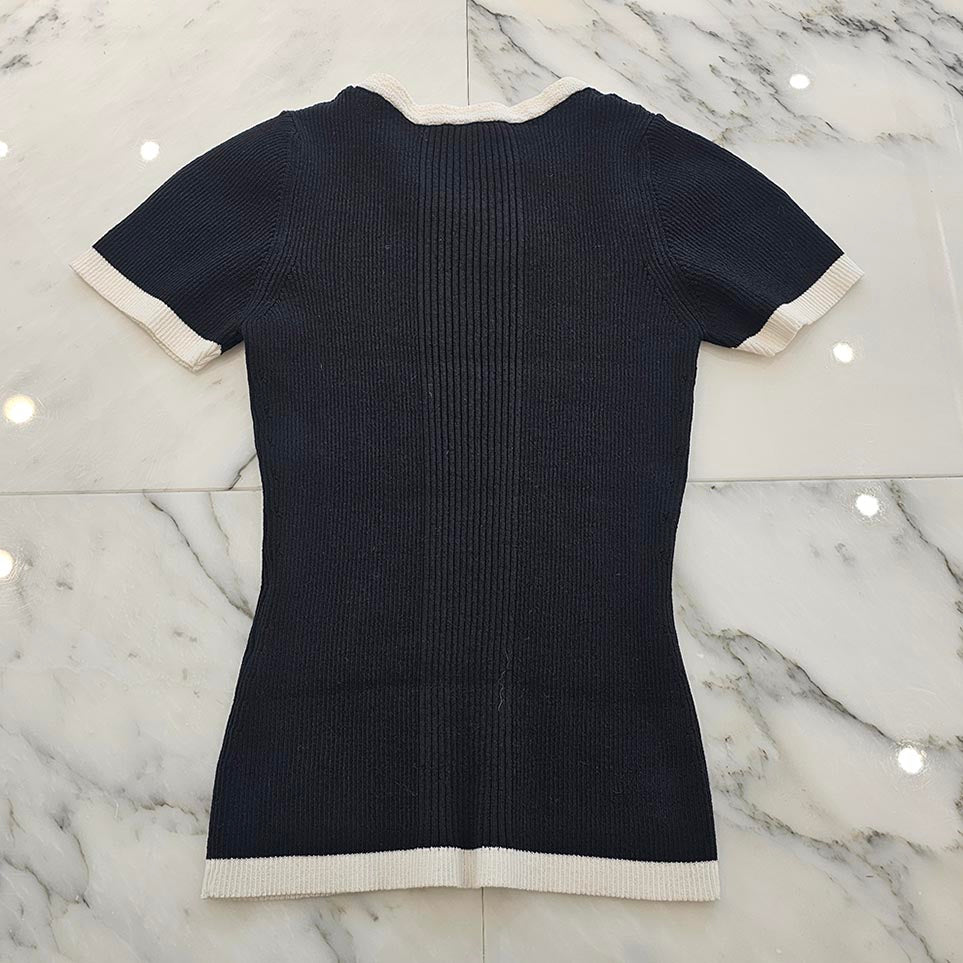 CHANEL 2025SS Lace Embroidered Logo Rib Knit Tee P79494K11480 Size
