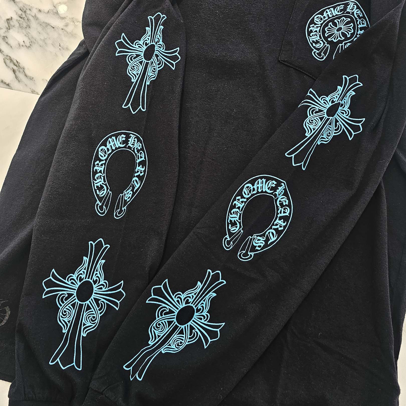 CHROME HEARTS 3 Blue Cross Horseshoe Long Sleeve Tee Size S クロムハーツ 3 ブルークロス ホースシュー ロングスリーブTシャツ サイズS