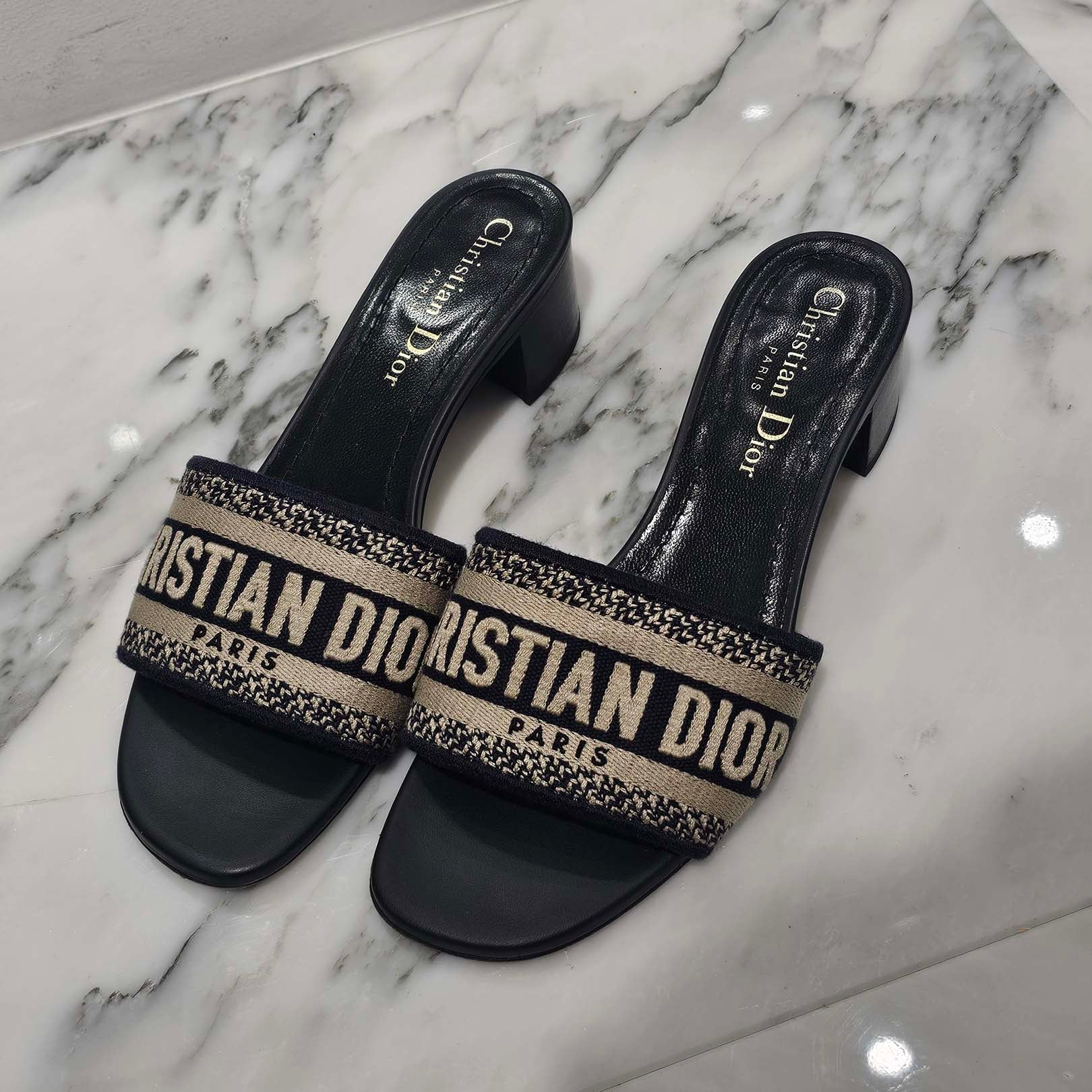 DIOR Christian Dior Heels Slide Embroidery Cotton Mules KCQ915ERC_S56B Size 35(22.5cm) ディオール クリスチャンディオール ヒールスライド エンブロイダリー コットン ミュール サイズ35（22.5cm)