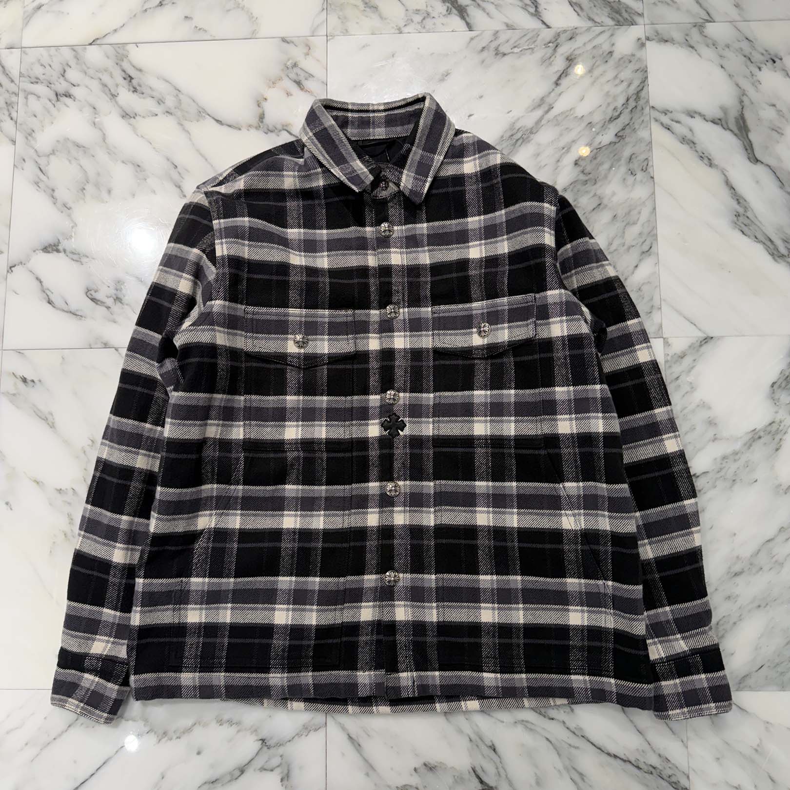 CHROME HEARTS Y NOT WORK DOG Lucky Leather Patch Cross Ball Button Check Shirt Jacket Size S クロムハーツ ワイノット ワークドッグ ラッキーレザーパッチ クロスボールボタン チェック シャツ ジャケット サイズS