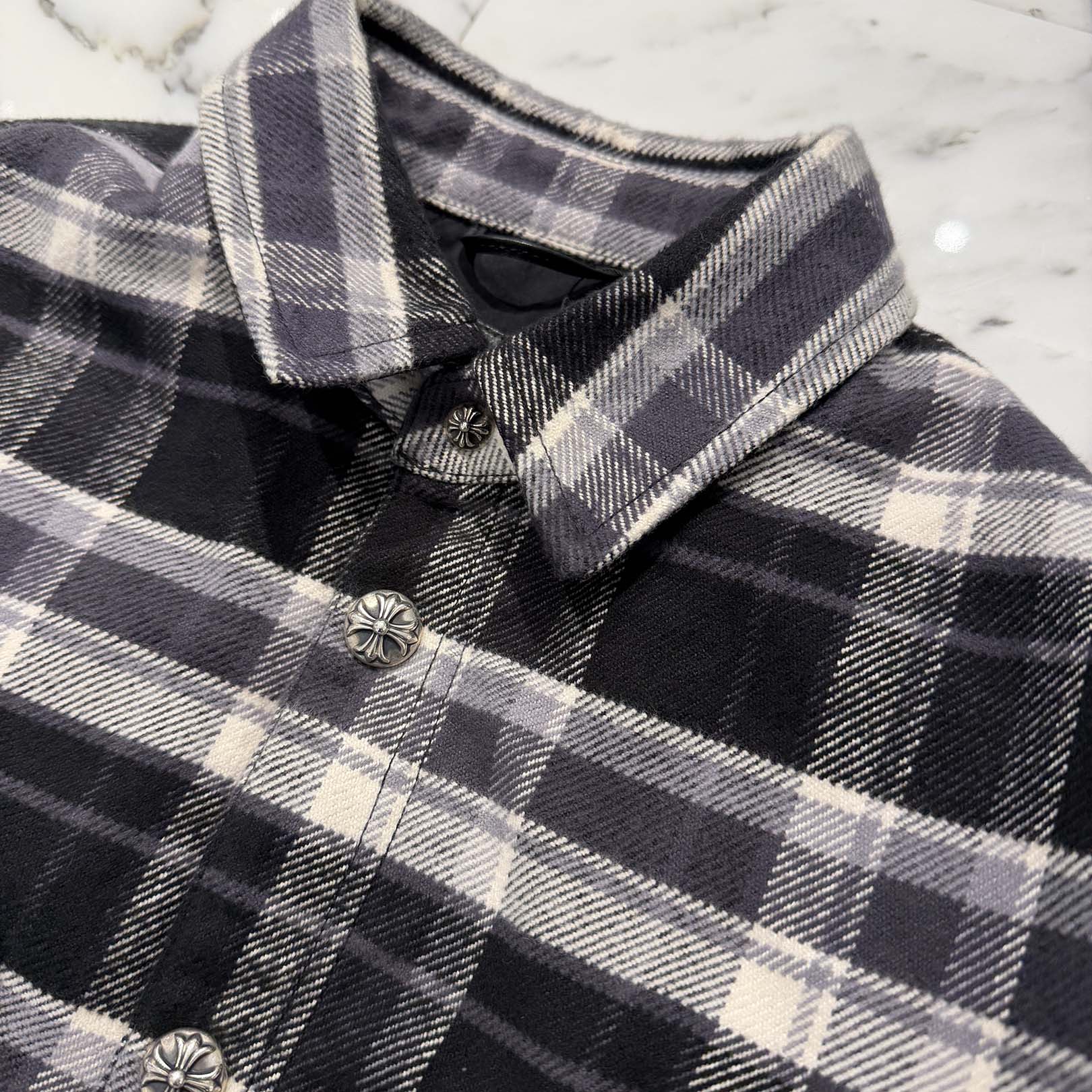 CHROME HEARTS Y NOT WORK DOG Lucky Leather Patch Cross Ball Button Check Shirt Jacket Size S クロムハーツ ワイノット ワークドッグ ラッキーレザーパッチ クロスボールボタン チェック シャツ ジャケット サイズS