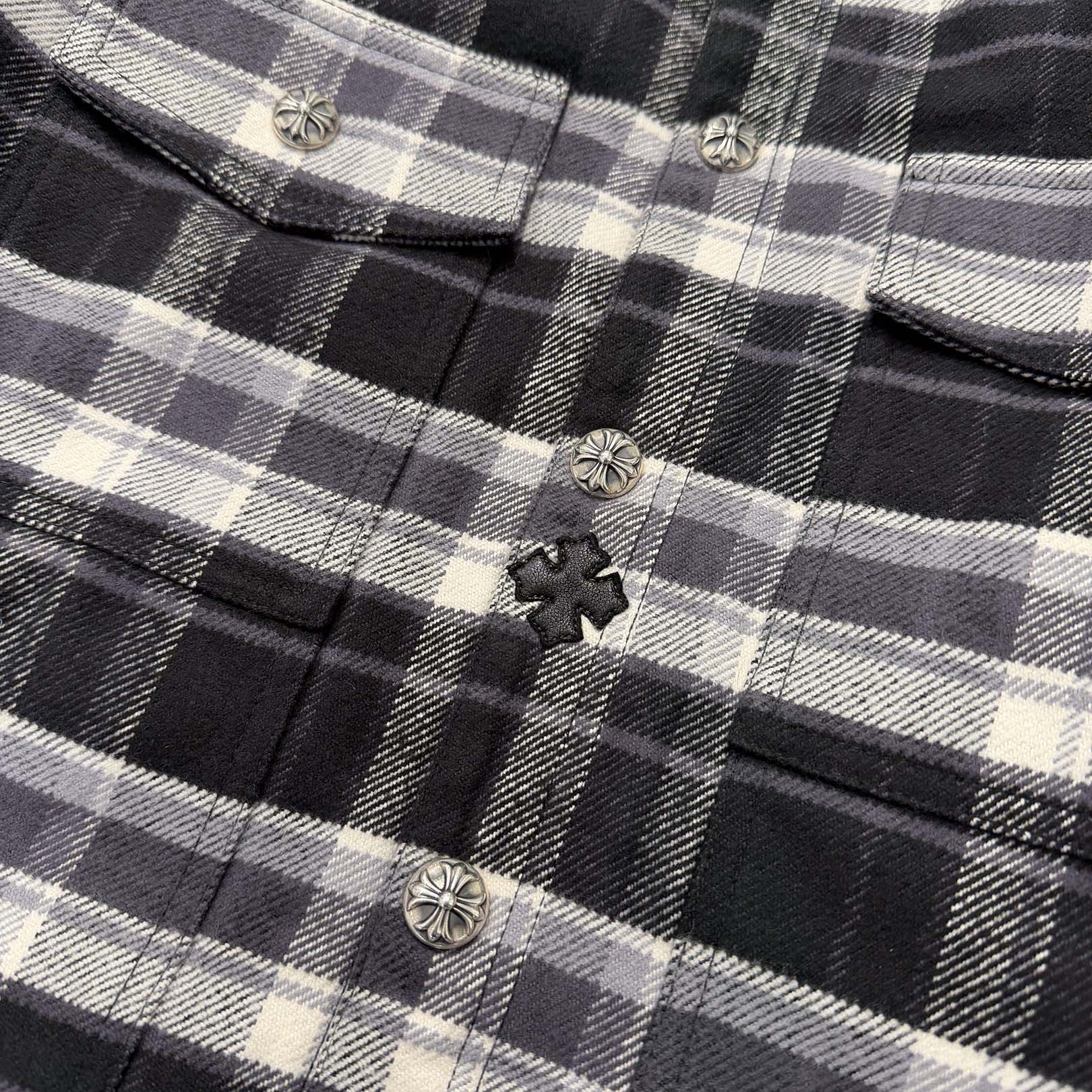 CHROME HEARTS Y NOT WORK DOG Lucky Leather Patch Cross Ball Button Check Shirt Jacket Size S クロムハーツ ワイノット ワークドッグ ラッキーレザーパッチ クロスボールボタン チェック シャツ ジャケット サイズS