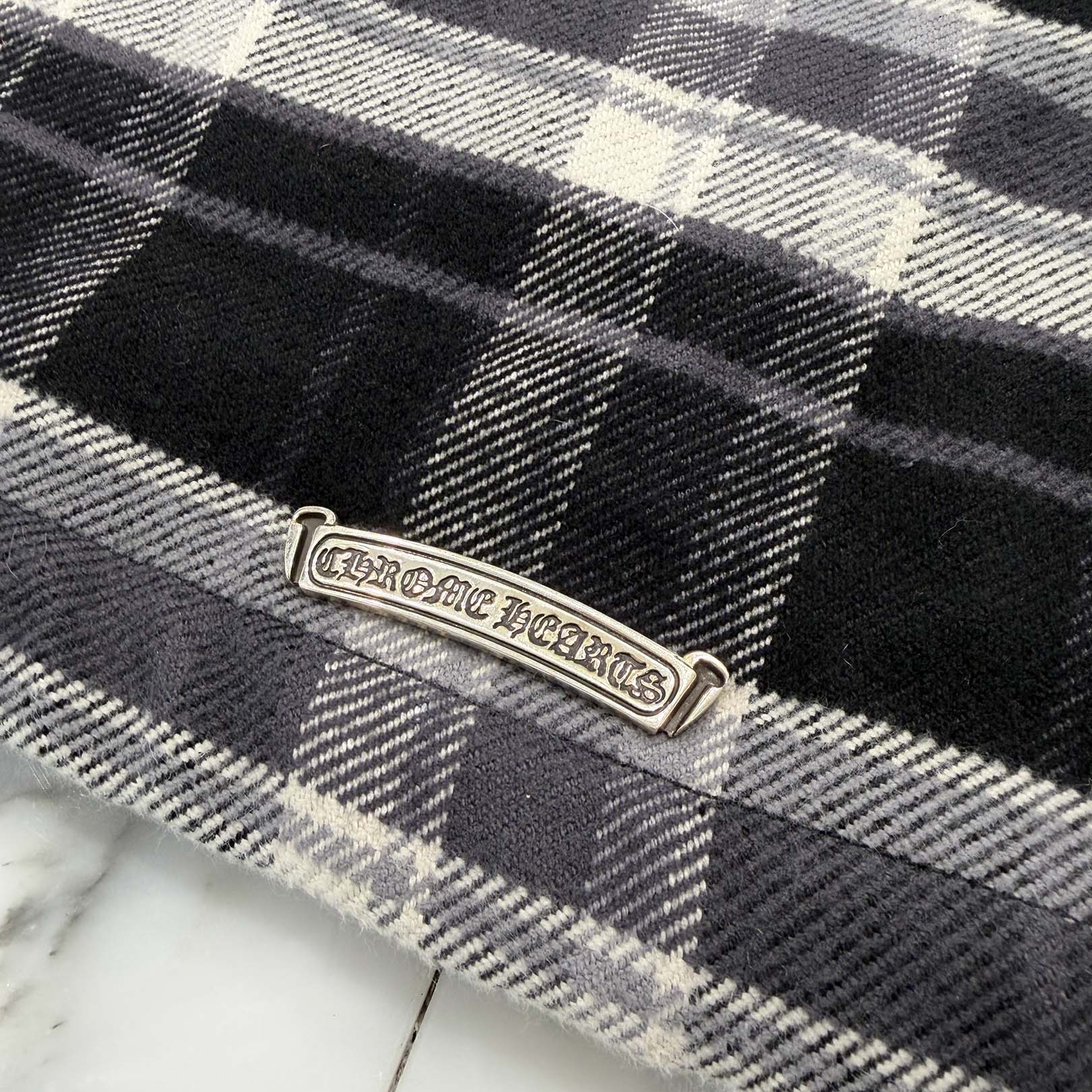 CHROME HEARTS Y NOT WORK DOG Lucky Leather Patch Cross Ball Button Check Shirt Jacket Size S クロムハーツ ワイノット ワークドッグ ラッキーレザーパッチ クロスボールボタン チェック シャツ ジャケット サイズS
