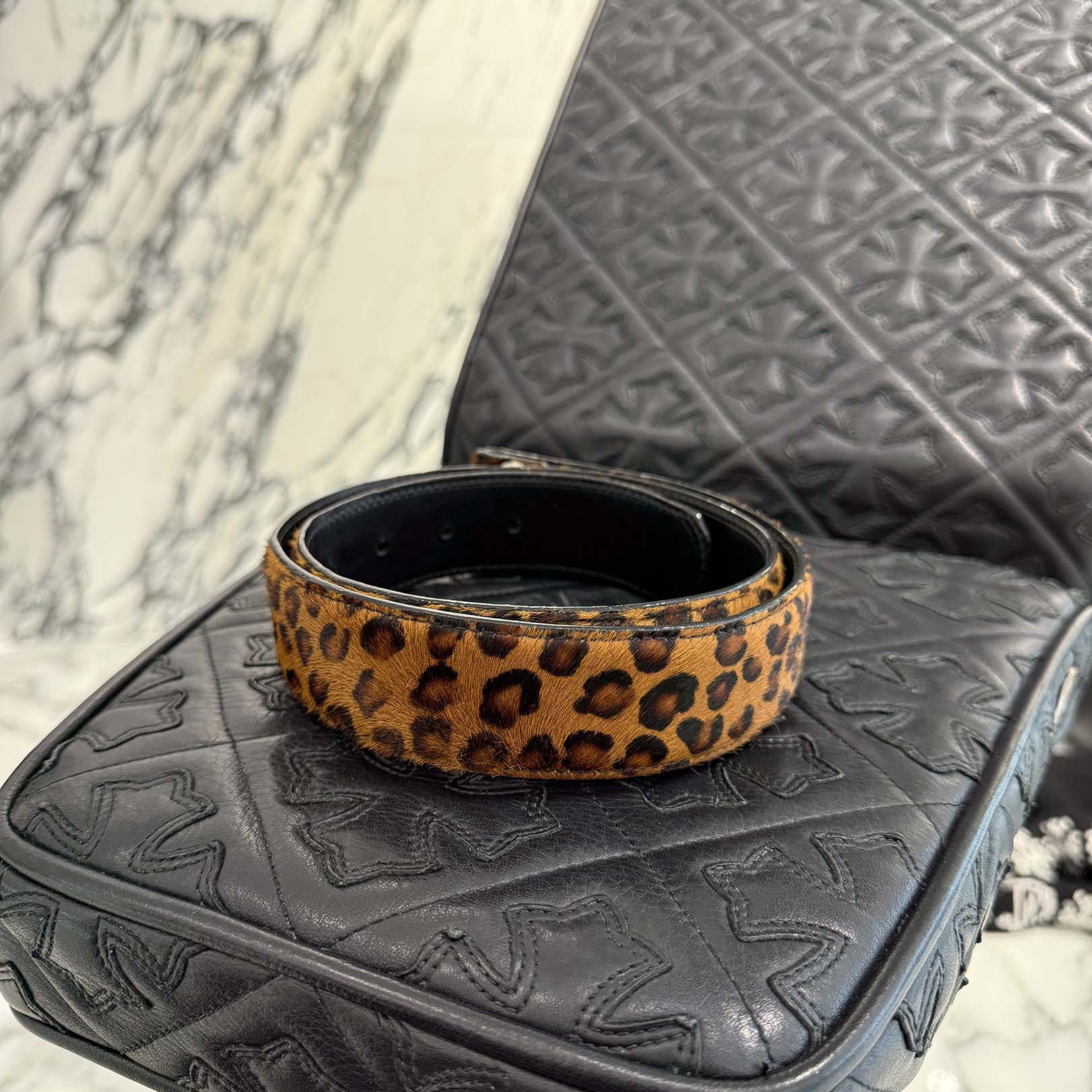 CHROME HEARTS 1.5 STRAP Horseshoe Rivet Leopard Harako Leather Belt Size 32 クロムハーツ 1.5ストラップ ホースシューリベット レオパード ハラコレザーベルト サイズ32