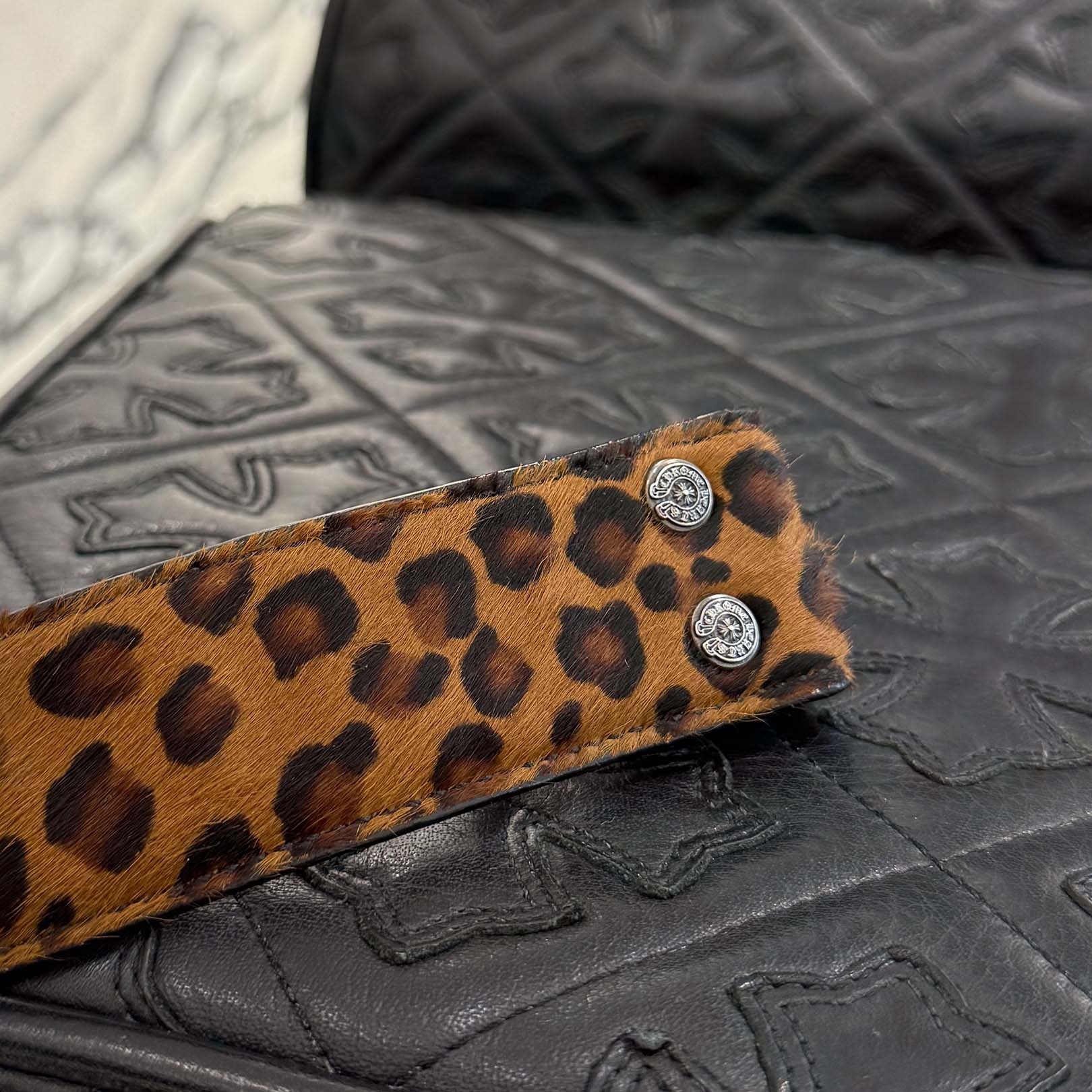 CHROME HEARTS 1.5 STRAP Horseshoe Rivet Leopard Harako Leather Belt Size 32 クロムハーツ 1.5ストラップ ホースシューリベット レオパード ハラコレザーベルト サイズ32