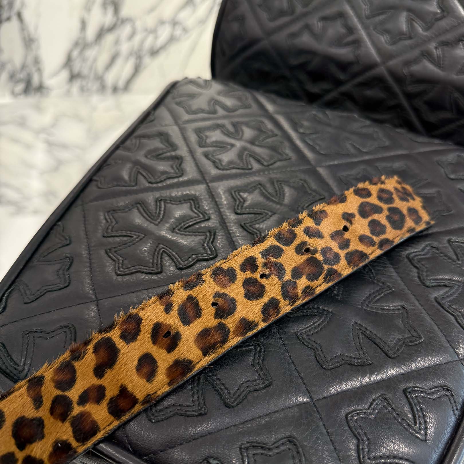 CHROME HEARTS 1.5 STRAP Horseshoe Rivet Leopard Harako Leather Belt Size 32 クロムハーツ 1.5ストラップ ホースシューリベット レオパード ハラコレザーベルト サイズ32