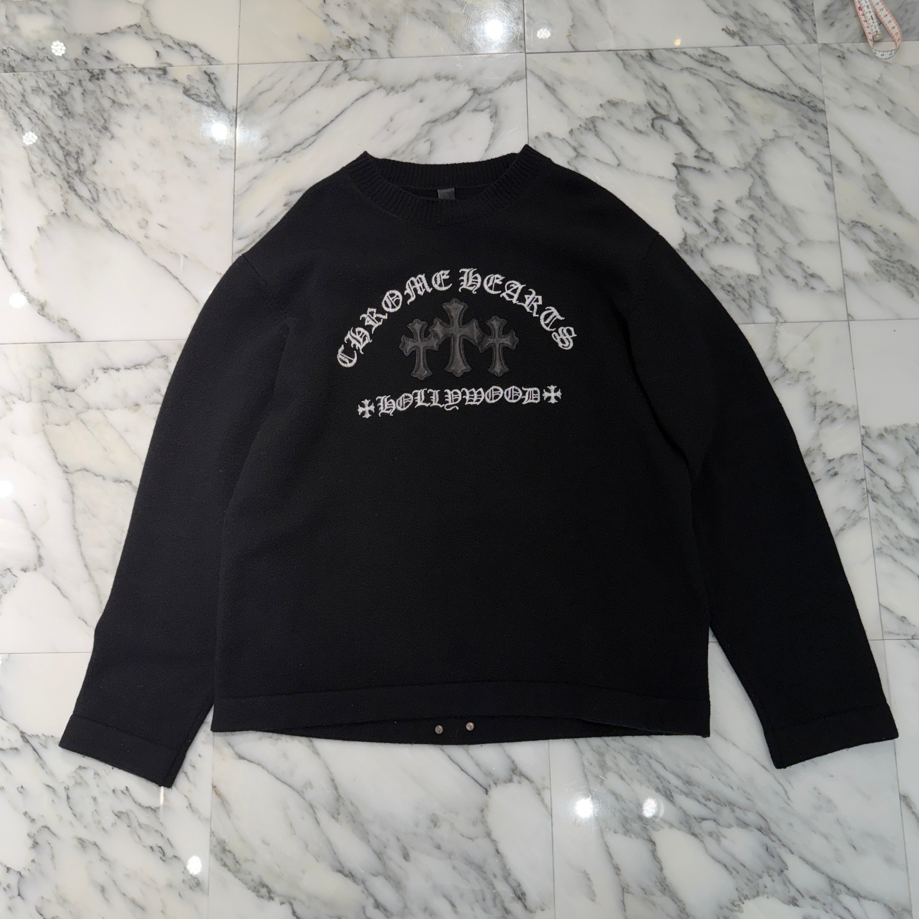 CHROME HEARTS Y NOT King Taco 3 Cemetery Cross Leather Patch Cashmere Knit Sweater Size L クロムハーツ ワイノット キングタコ 3セメタリークロス レザーパッチ カシミヤ ニットセーター サイズL