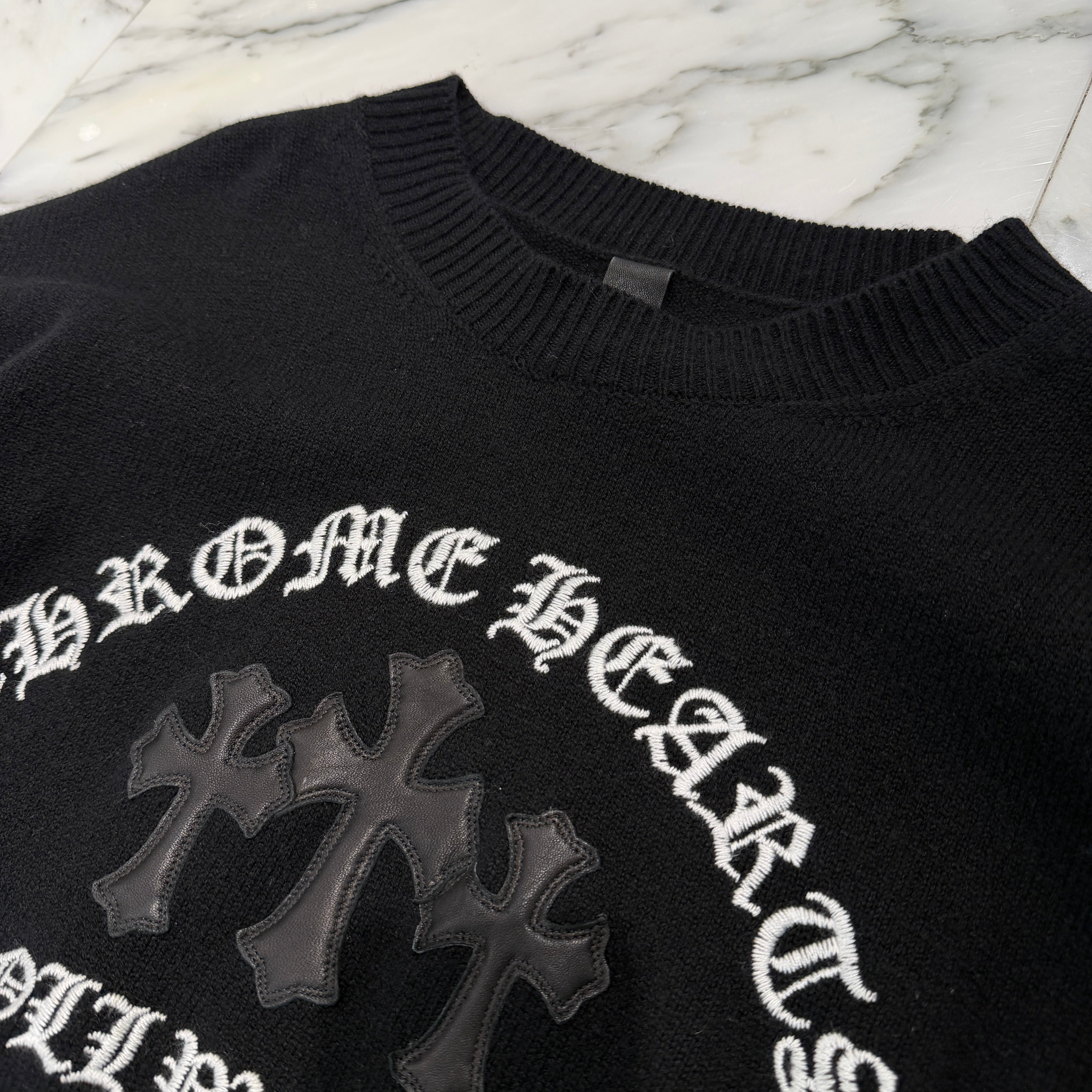 CHROME HEARTS Y NOT King Taco 3 Cemetery Cross Leather Patch Cashmere Knit Sweater Size L クロムハーツ ワイノット キングタコ 3セメタリークロス レザーパッチ カシミヤ ニットセーター サイズL