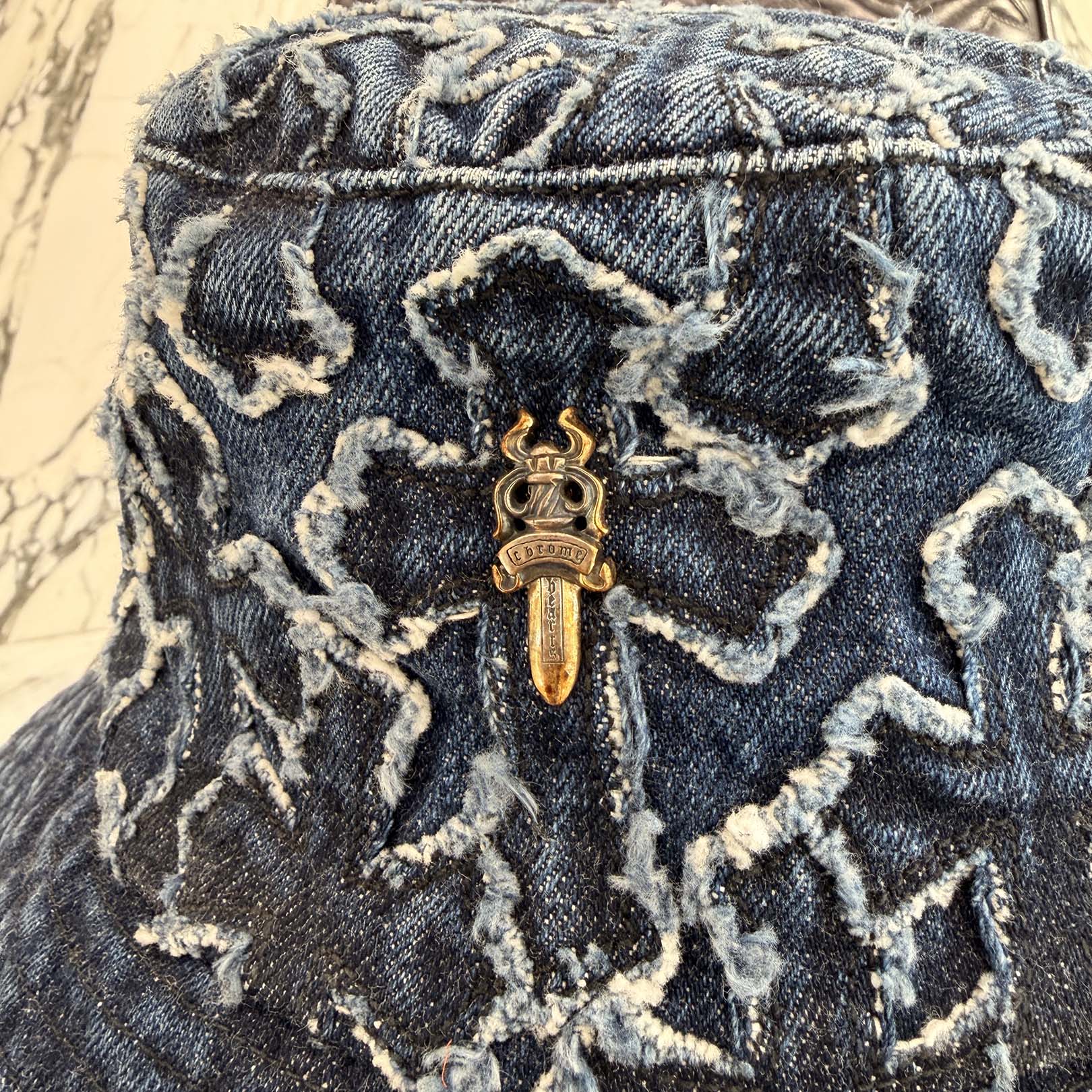 CHROME HEARTS Dagger Rivet Cemetery Cross Patch Denim Bucket Hat Size L(60.5cm) クロムハーツ ダガーリベット セメタリークロスパッチ デニム バケットハット サイズL(60.5cm)