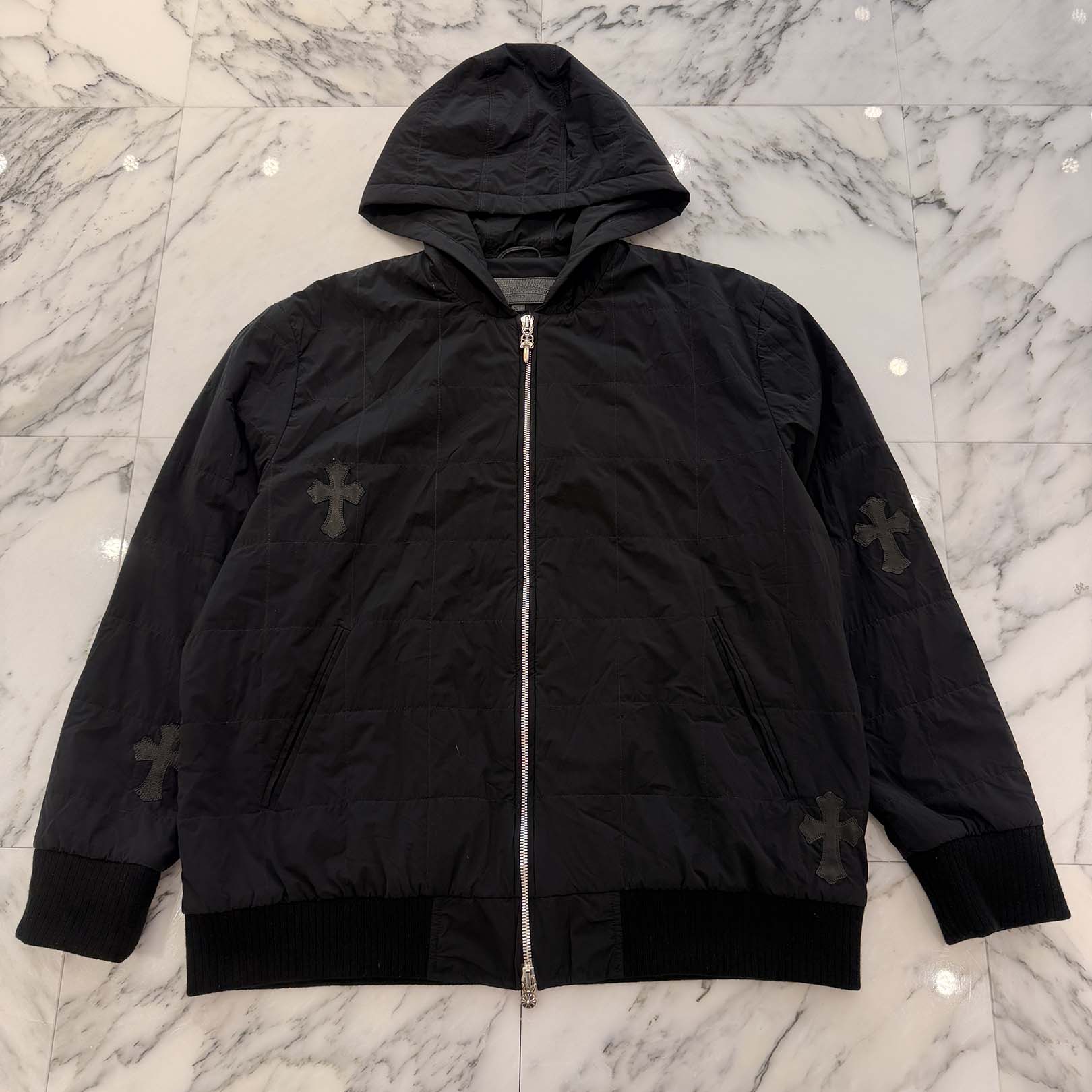 CHROME HEARTS Y NOT Damaged Goods Cross Patch Quilted Nylon Jacket Size XL クロムハーツ ワイノット ダメージド グッズ クロスパッチ キルティングナイロンジャケット サイズXL