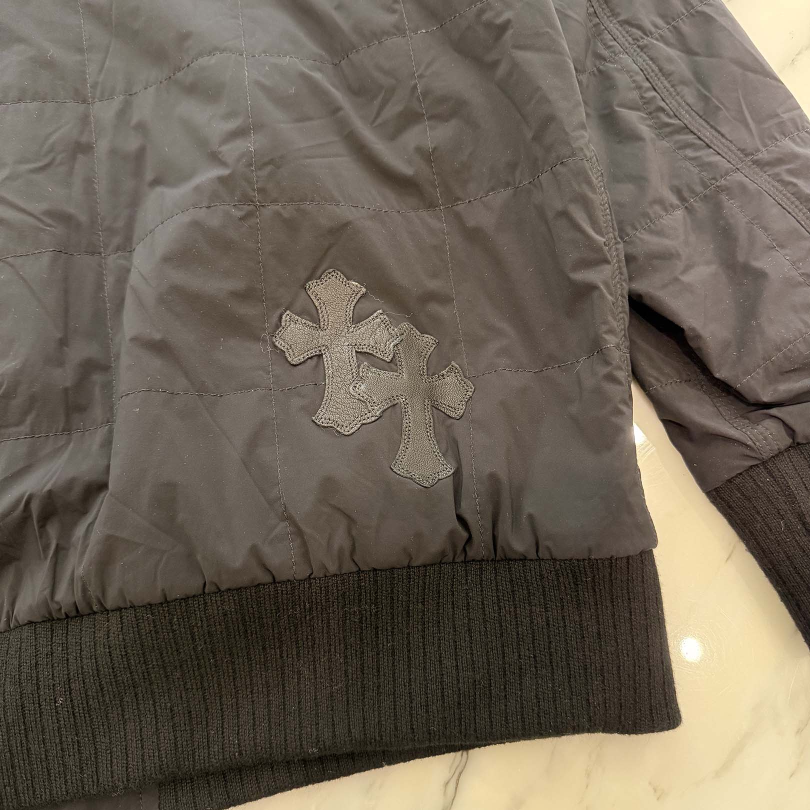 CHROME HEARTS Y NOT Damaged Goods Cross Patch Quilted Nylon Jacket Size XL クロムハーツ ワイノット ダメージド グッズ クロスパッチ キルティングナイロンジャケット サイズXL