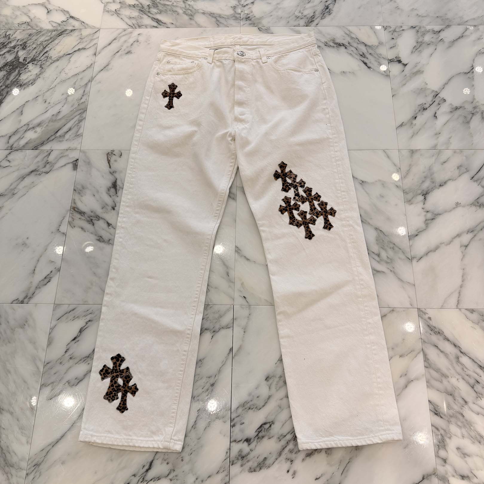 CHROME HEARTS × Levi's Body VNTG Leopard Harako Leather Cross Patch Cotton Denim Pants Size 34 クロムハーツ × リーバイス ボディ レオパード ハラコ レザークロスパッチ コットン デニムパンツ サイズ34