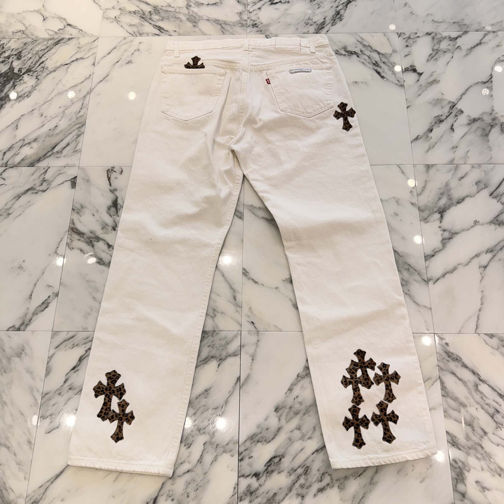 CHROME HEARTS × Levi's Body VNTG Leopard Harako Leather Cross Patch Cotton Denim Pants Size 34 クロムハーツ × リーバイス ボディ レオパード ハラコ レザークロスパッチ コットン デニムパンツ サイズ34