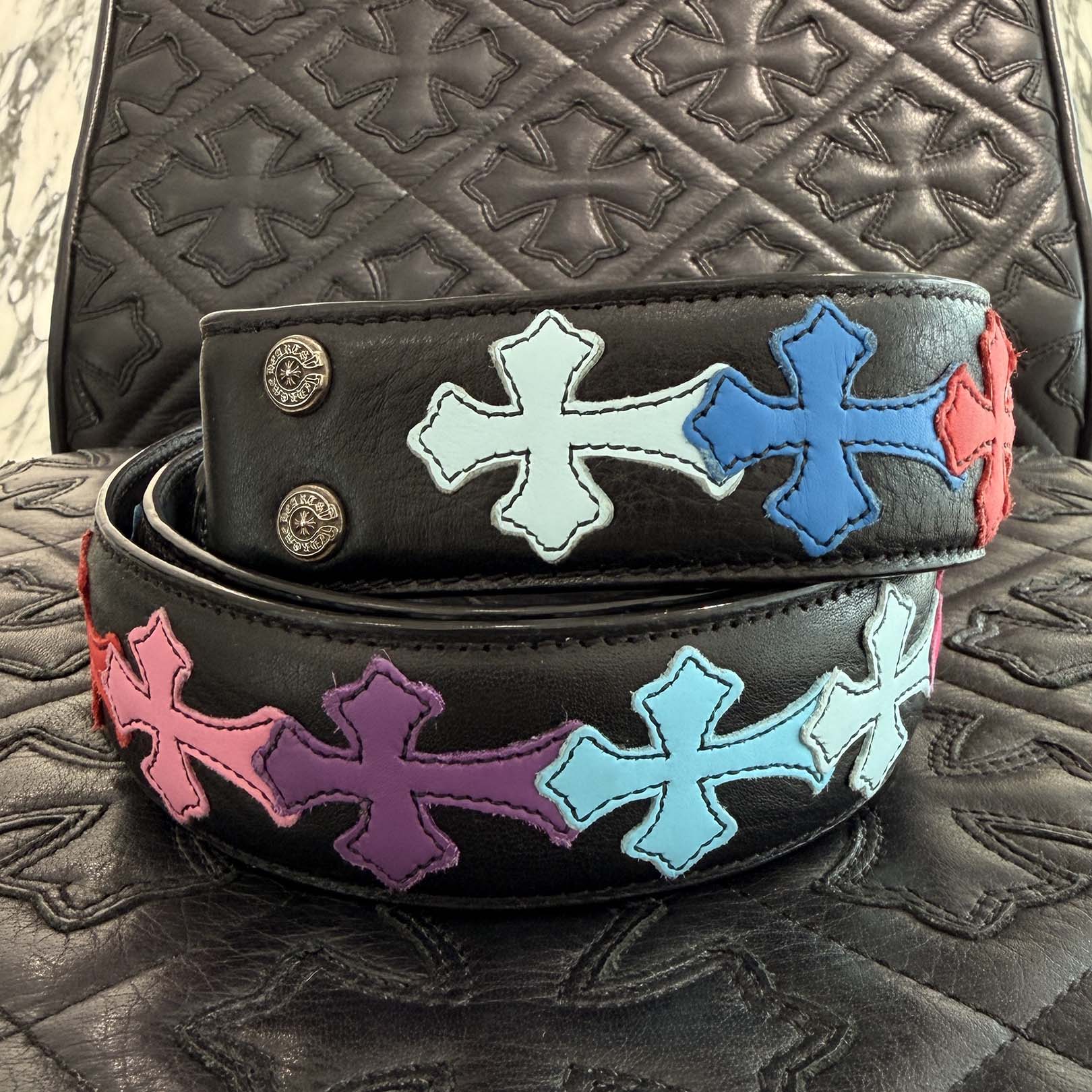 CHROME HEARTS Multi Color Cemetery Cross Patch Leather Belt Size 36 クロムハーツ マルチカラー セメタリークロスパッチ レザーベルト サイズ36