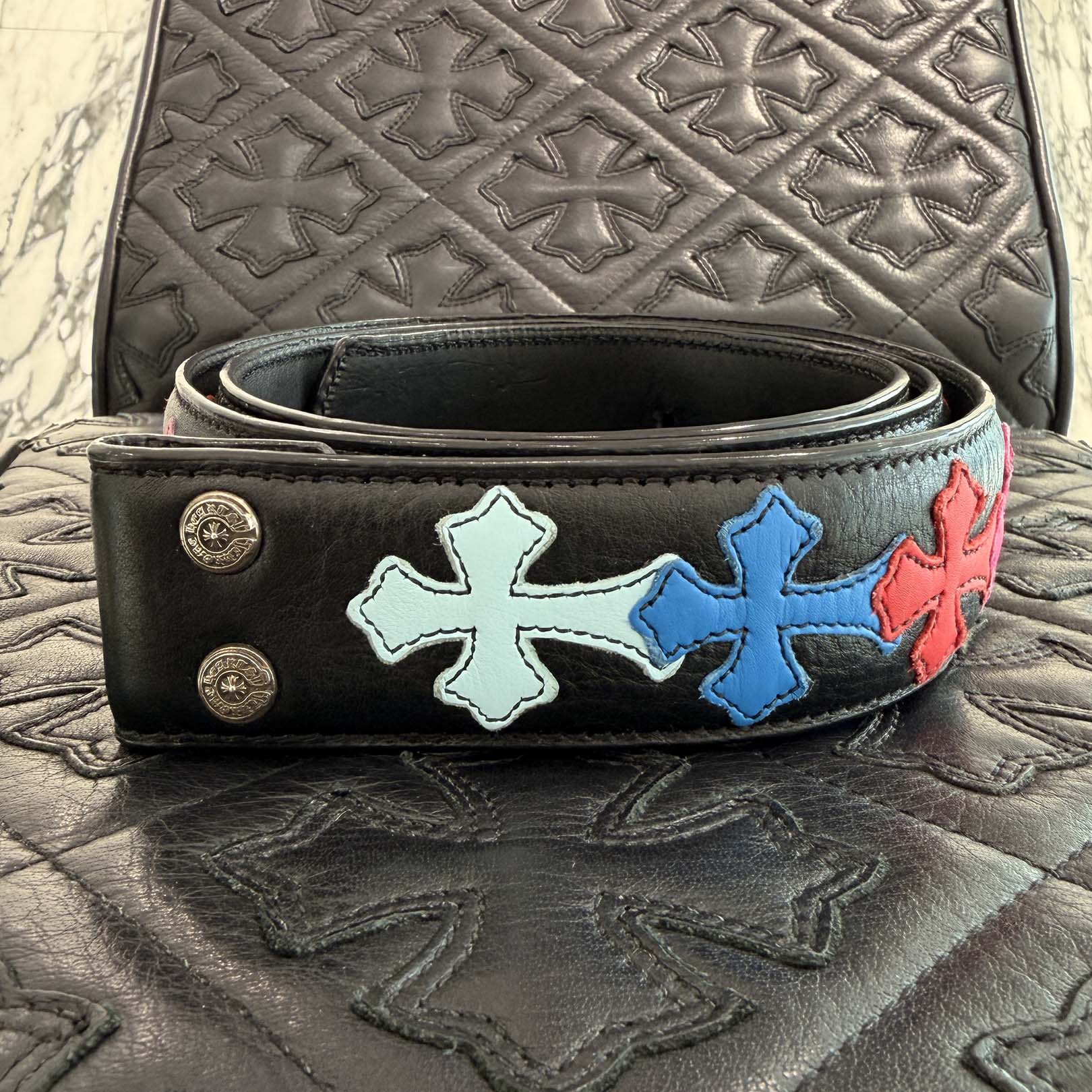 CHROME HEARTS Multi Color Cemetery Cross Patch Leather Belt Size 36 クロムハーツ マルチカラー セメタリークロスパッチ レザーベルト サイズ36