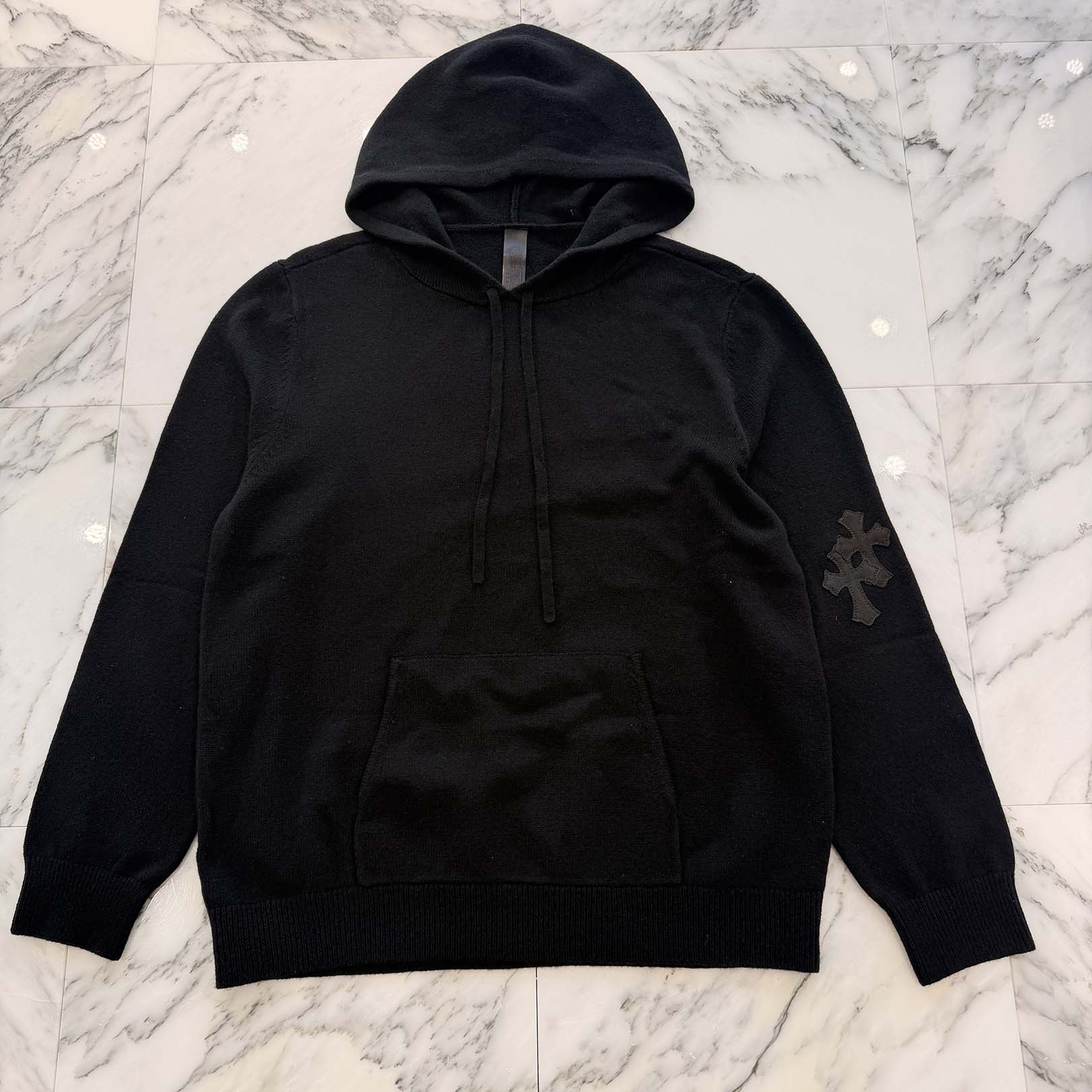 CHROME HEARTS Y NOT Leather Cross Patch Cashmere Knit Pullover Hoodie Size L クロムハーツ ワイノット レザークロスパッチ カシミヤニット プルオーバーフーディ サイズL