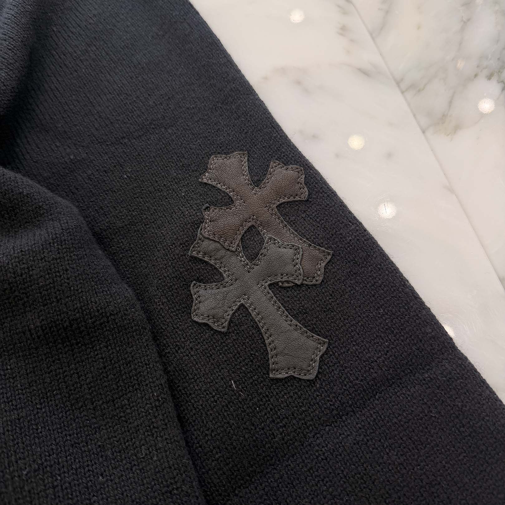 CHROME HEARTS Y NOT Leather Cross Patch Cashmere Knit Pullover Hoodie Size L クロムハーツ ワイノット レザークロスパッチ カシミヤニット プルオーバーフーディ サイズL
