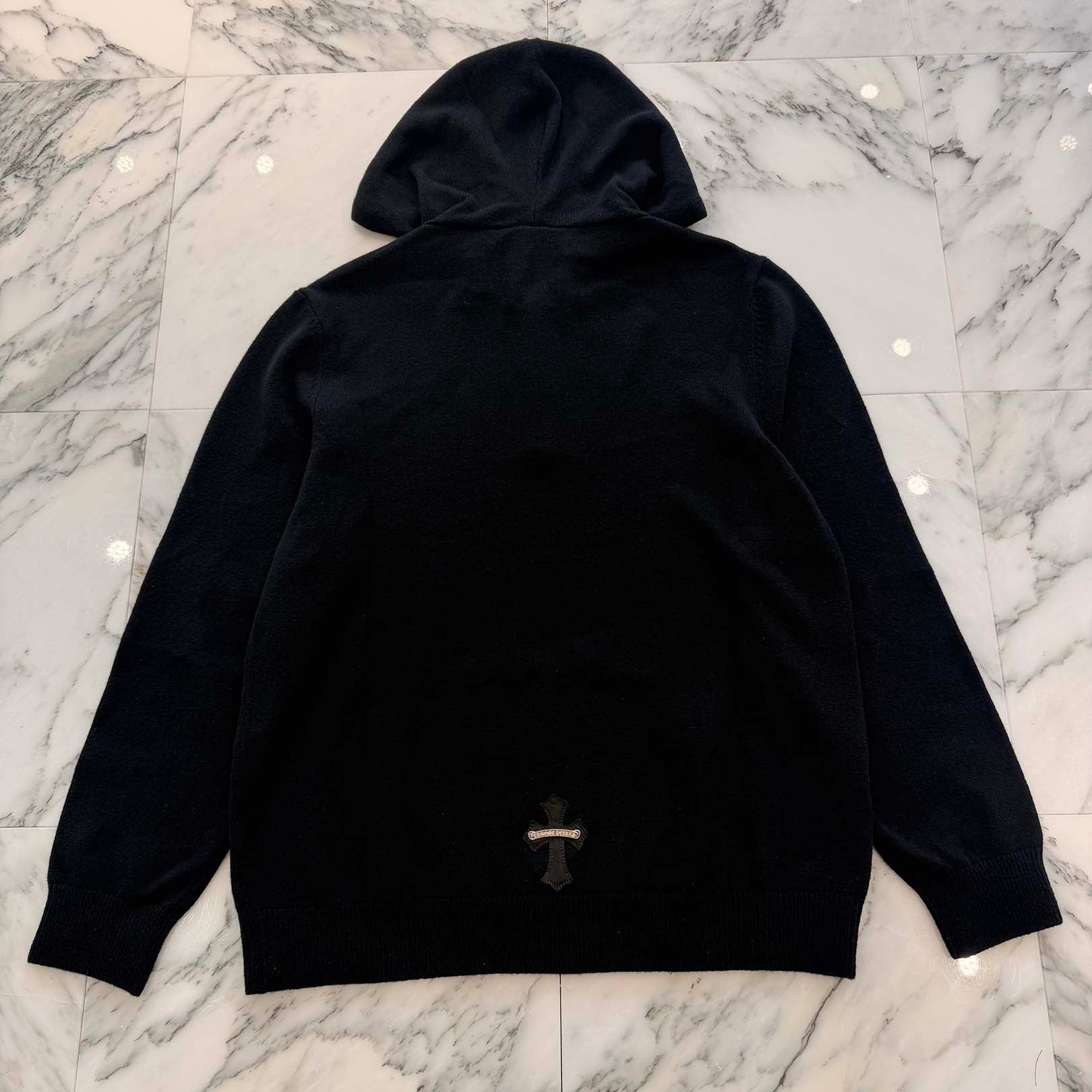 CHROME HEARTS Y NOT Leather Cross Patch Cashmere Knit Pullover Hoodie Size L クロムハーツ ワイノット レザークロスパッチ カシミヤニット プルオーバーフーディ サイズL