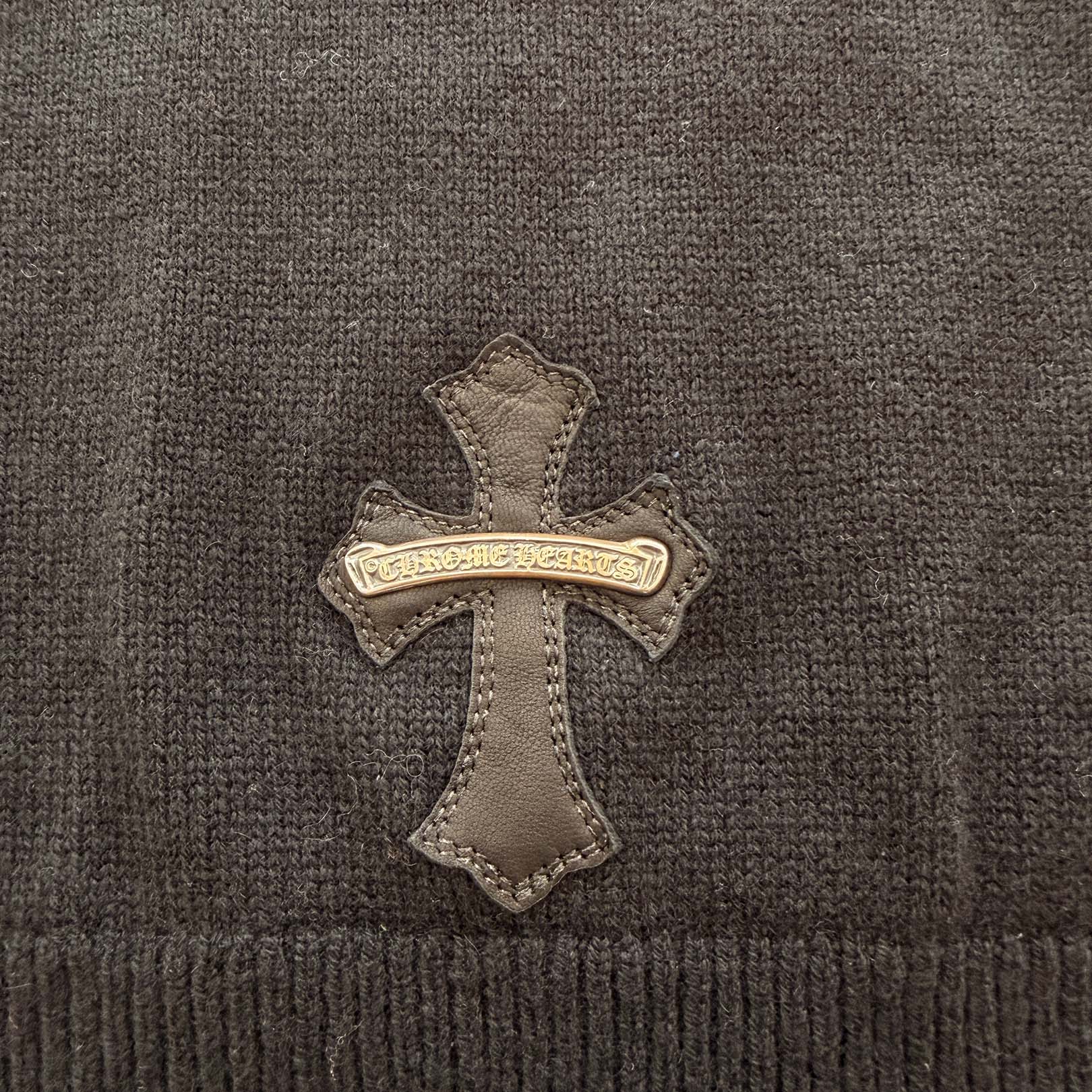 CHROME HEARTS Y NOT Leather Cross Patch Cashmere Knit Pullover Hoodie Size L クロムハーツ ワイノット レザークロスパッチ カシミヤニット プルオーバーフーディ サイズL