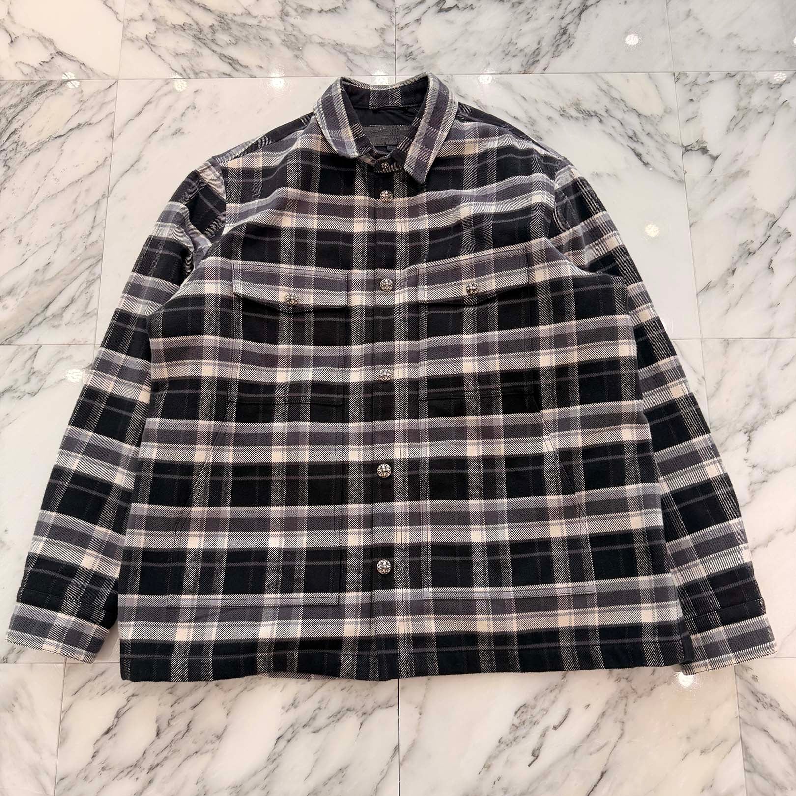 CHROME HEARTS Y NOT Cross Ball Button Check Shirt Jacket Size XL クロムハーツ ワイノット クロスボールボタン チェック シャツ ジャケット サイズXL