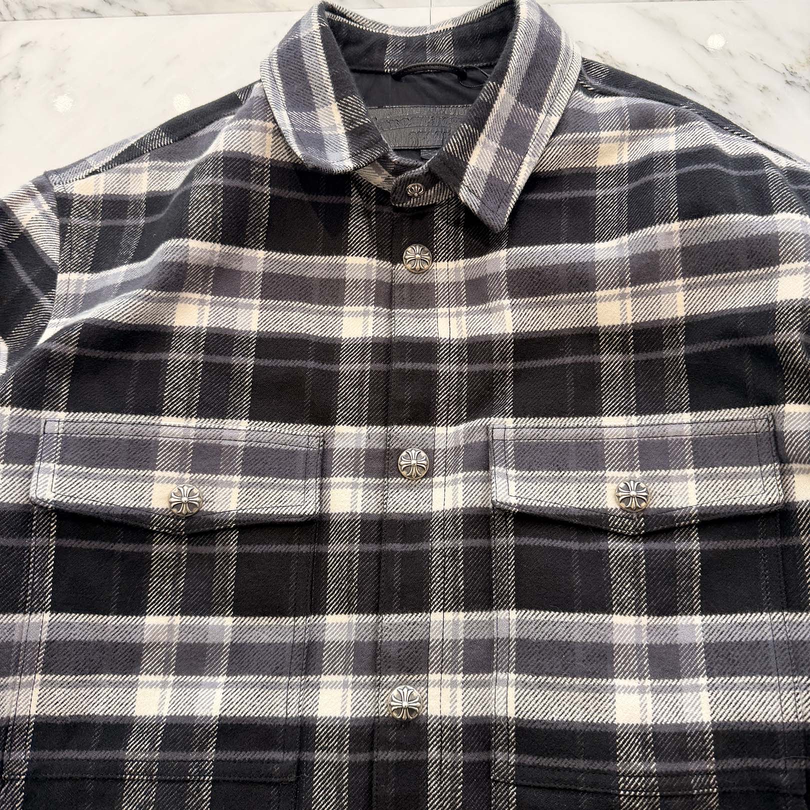 CHROME HEARTS Y NOT Cross Ball Button Check Shirt Jacket Size XL クロムハーツ ワイノット クロスボールボタン チェック シャツ ジャケット サイズXL