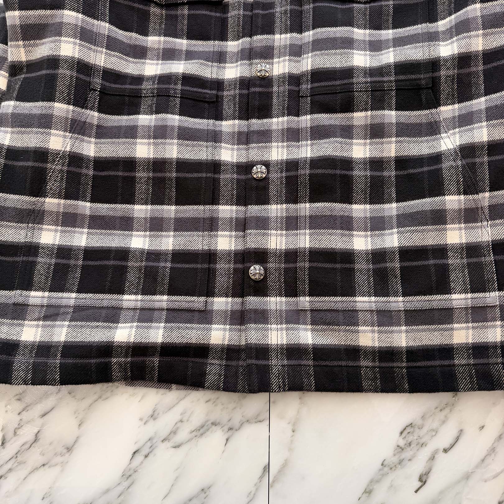 CHROME HEARTS Y NOT Cross Ball Button Check Shirt Jacket Size XL クロムハーツ ワイノット クロスボールボタン チェック シャツ ジャケット サイズXL