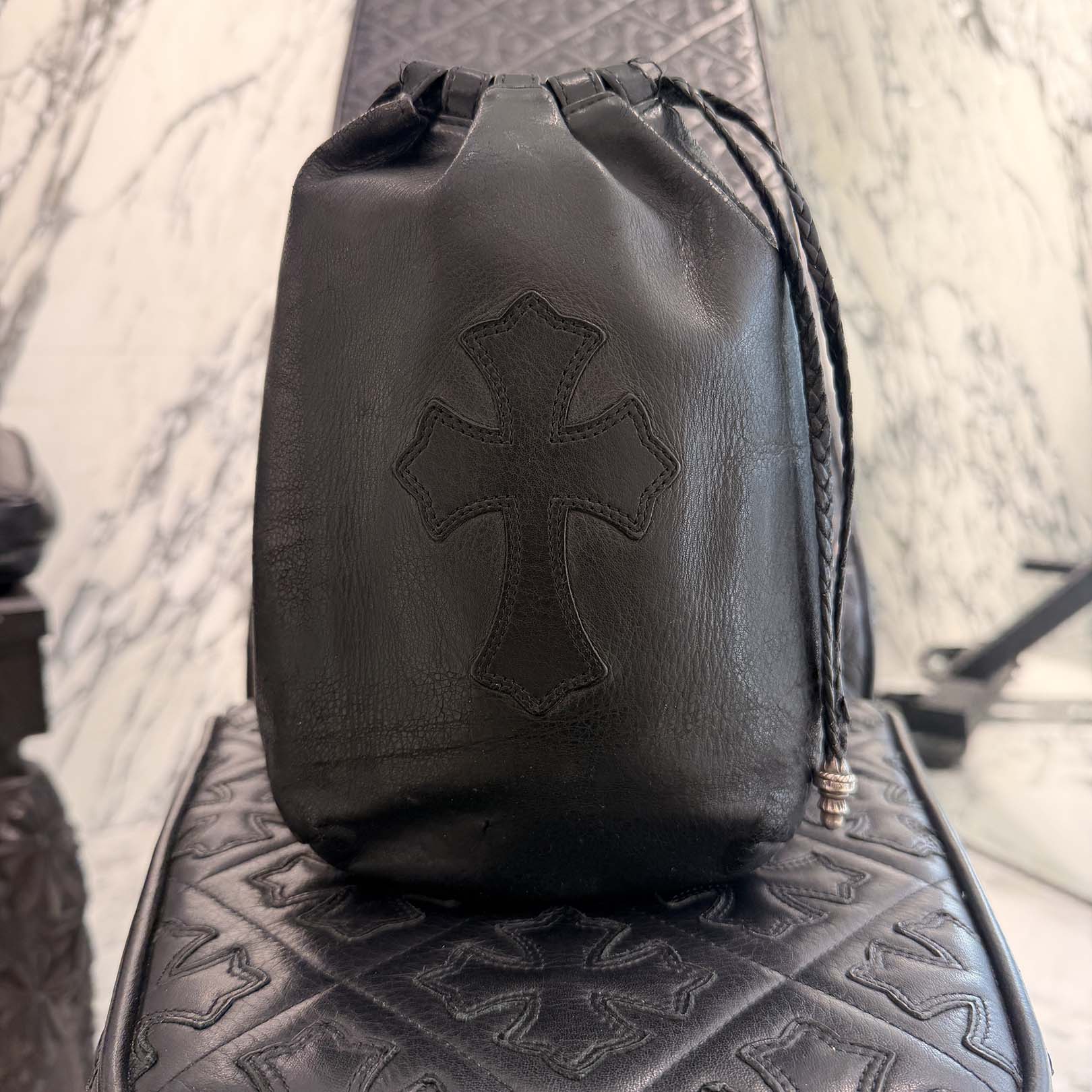 CHROME HEARTS Leather Cross Patch Drawstring Sack Leather Bag クロムハーツ レザークロスパッチ ドローストリング サックレザーバッグ 巾着