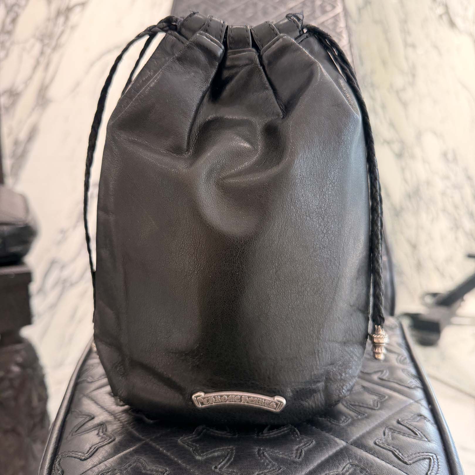 CHROME HEARTS Leather Cross Patch Drawstring Sack Leather Bag クロムハーツ レザークロスパッチ ドローストリング サックレザーバッグ 巾着