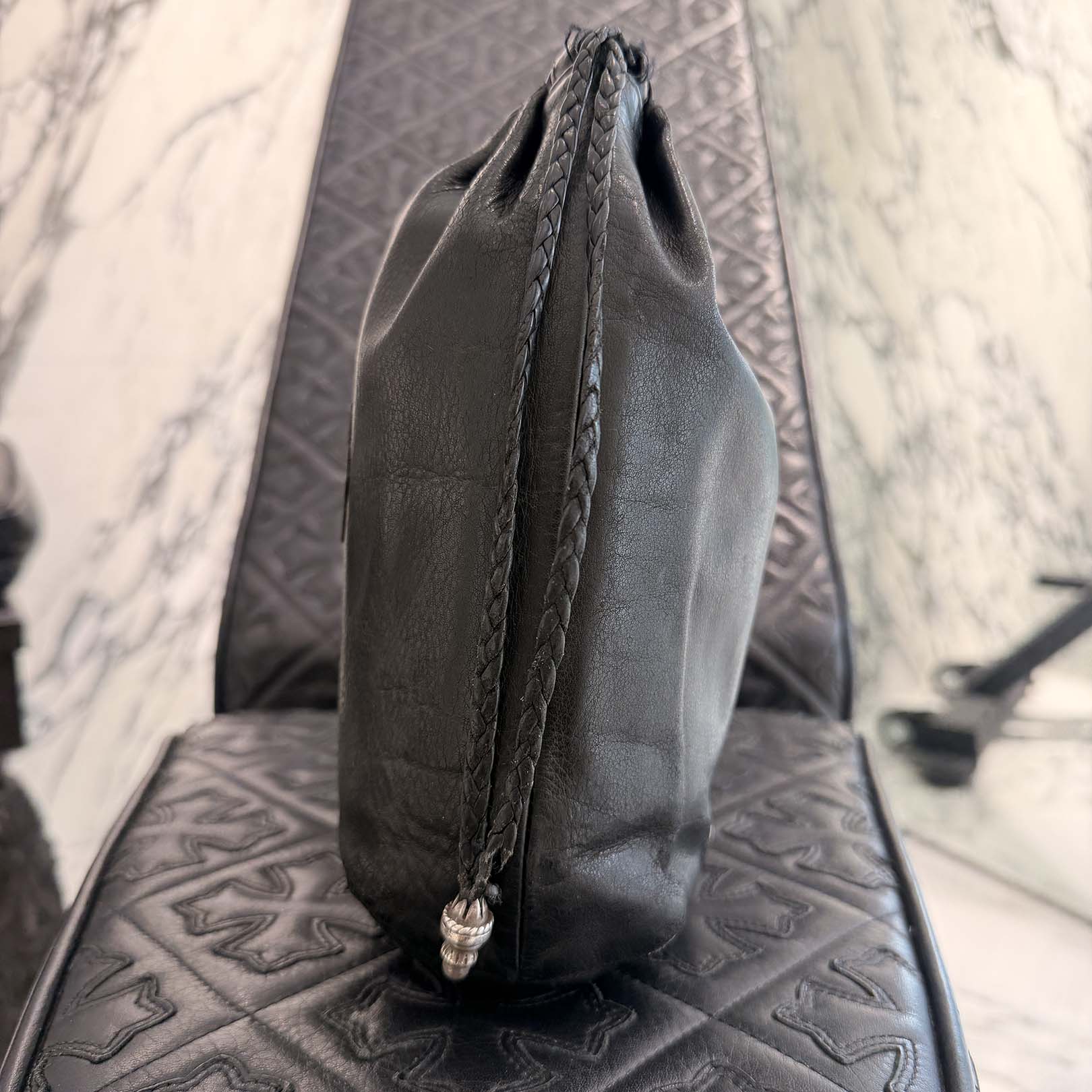 CHROME HEARTS Leather Cross Patch Drawstring Sack Leather Bag クロムハーツ レザークロスパッチ ドローストリング サックレザーバッグ 巾着