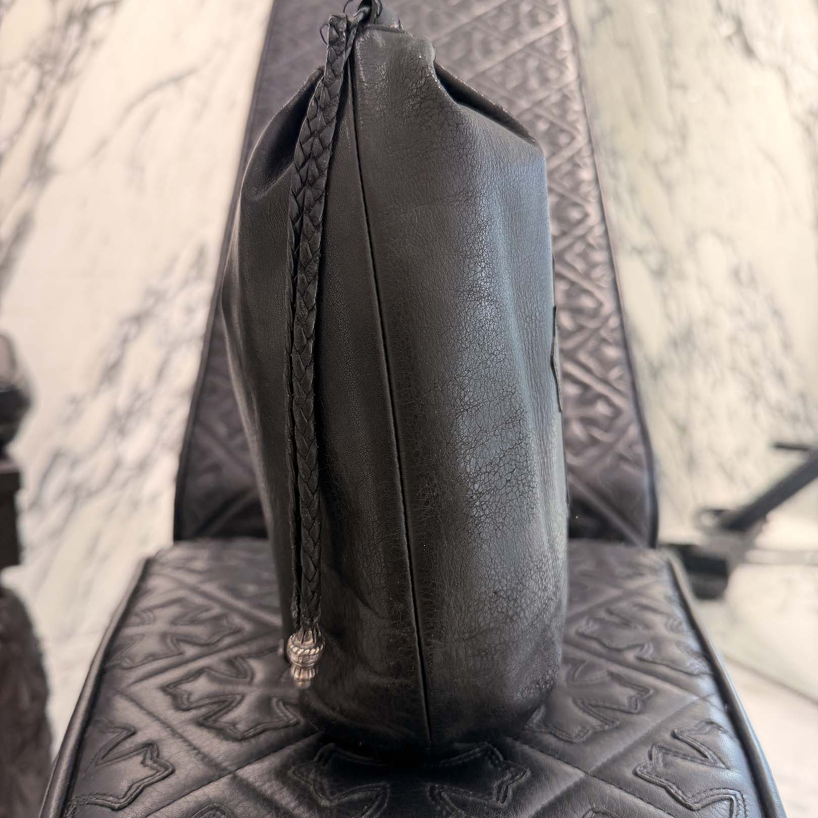 CHROME HEARTS Leather Cross Patch Drawstring Sack Leather Bag クロムハーツ レザークロスパッチ ドローストリング サックレザーバッグ 巾着