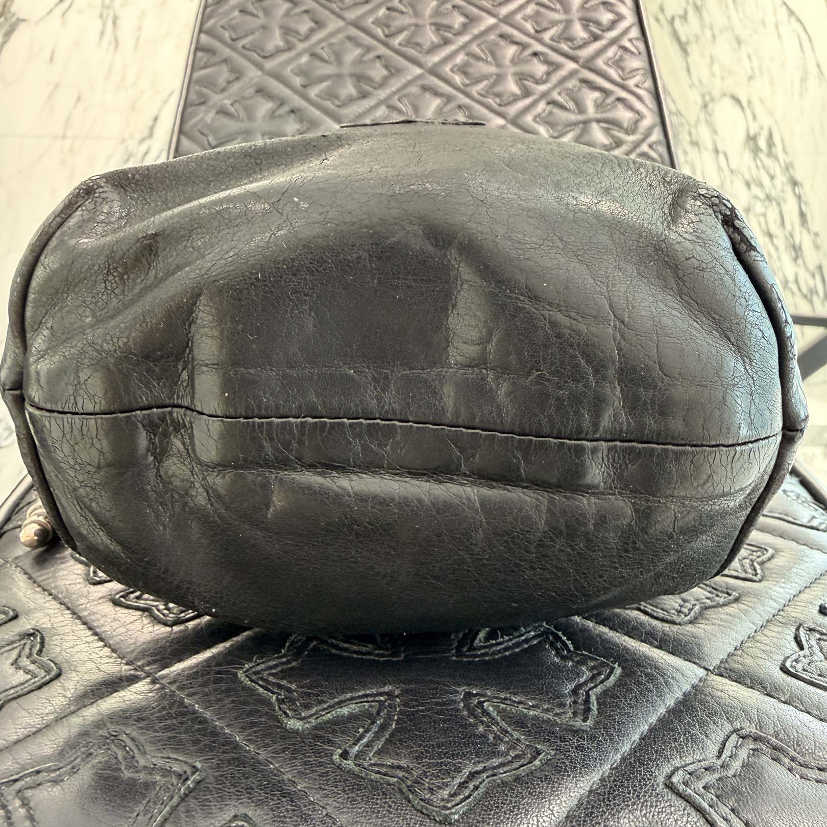 CHROME HEARTS Leather Cross Patch Drawstring Sack Leather Bag クロムハーツ レザークロスパッチ ドローストリング サックレザーバッグ 巾着