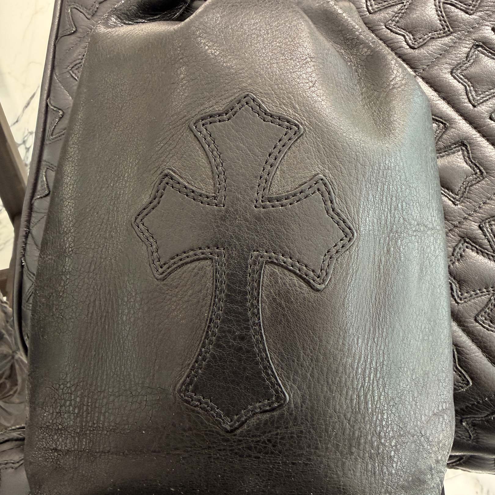CHROME HEARTS Leather Cross Patch Drawstring Sack Leather Bag クロムハーツ レザークロスパッチ ドローストリング サックレザーバッグ 巾着
