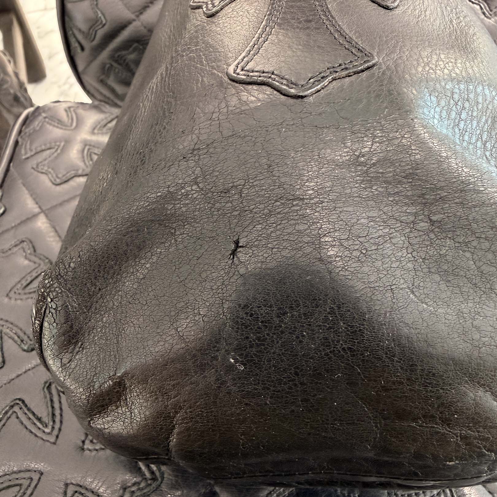 CHROME HEARTS Leather Cross Patch Drawstring Sack Leather Bag