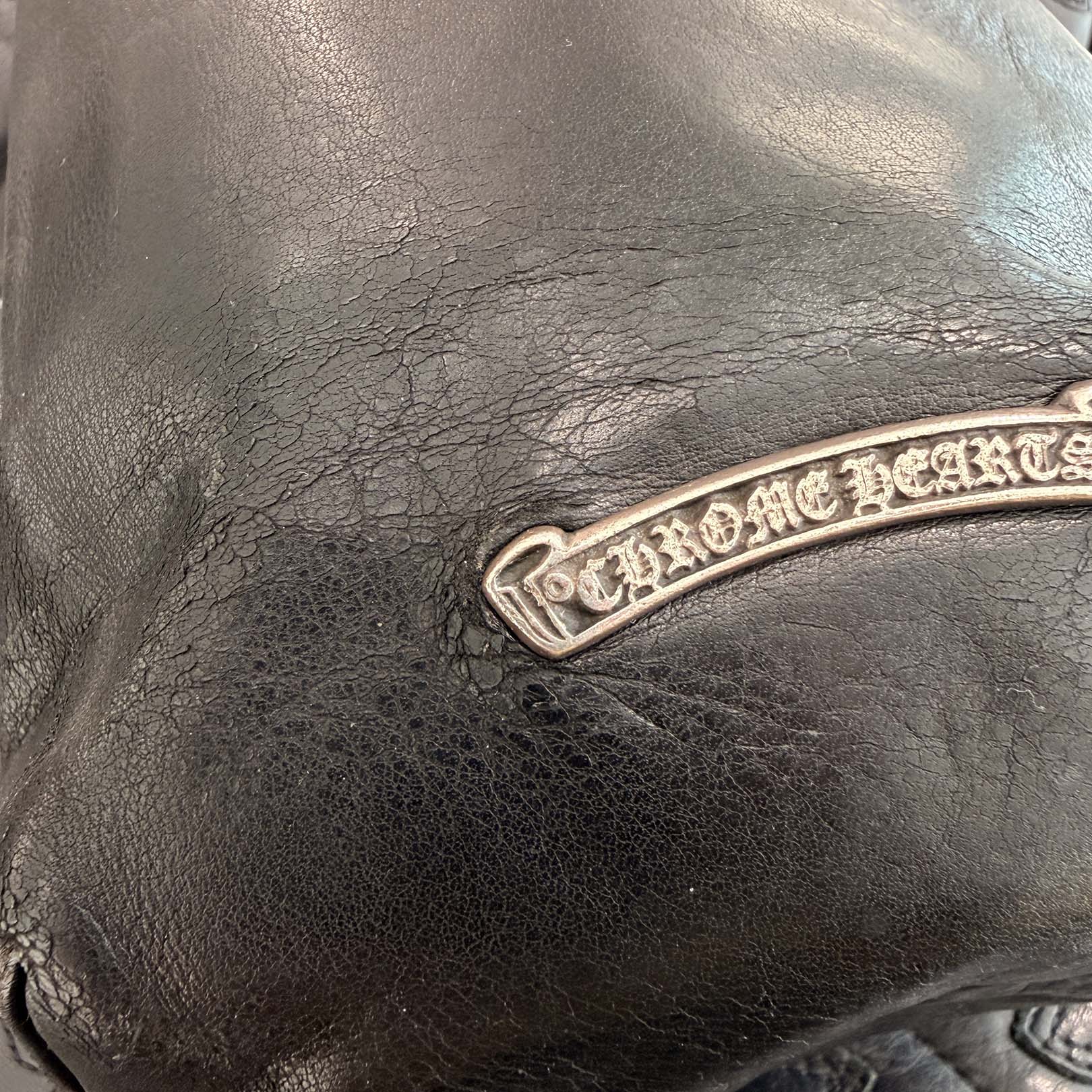 CHROME HEARTS Leather Cross Patch Drawstring Sack Leather Bag クロムハーツ レザークロスパッチ ドローストリング サックレザーバッグ 巾着