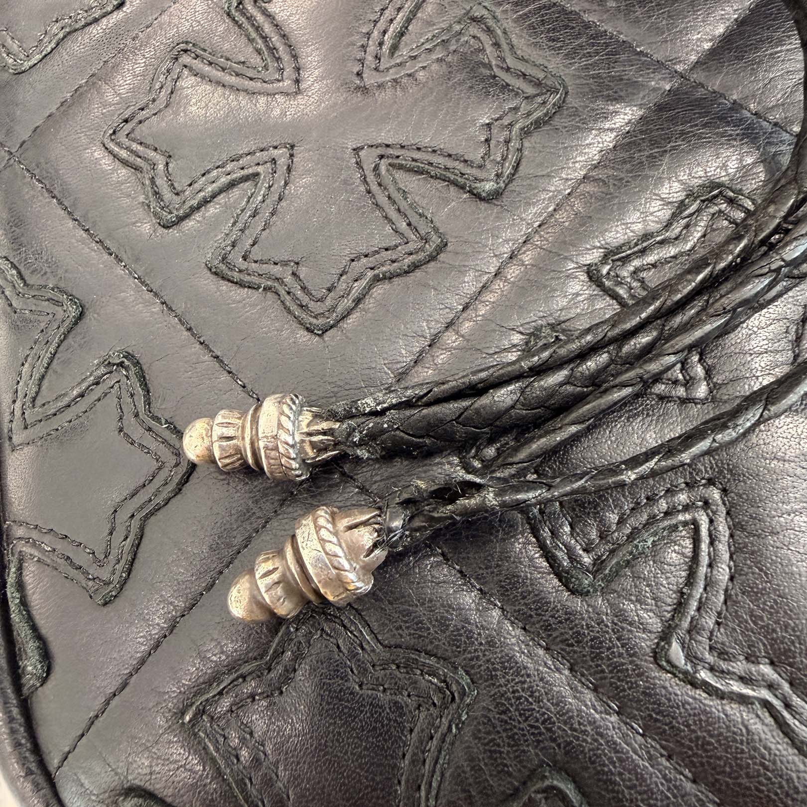 CHROME HEARTS Leather Cross Patch Drawstring Sack Leather Bag クロムハーツ レザークロスパッチ ドローストリング サックレザーバッグ 巾着