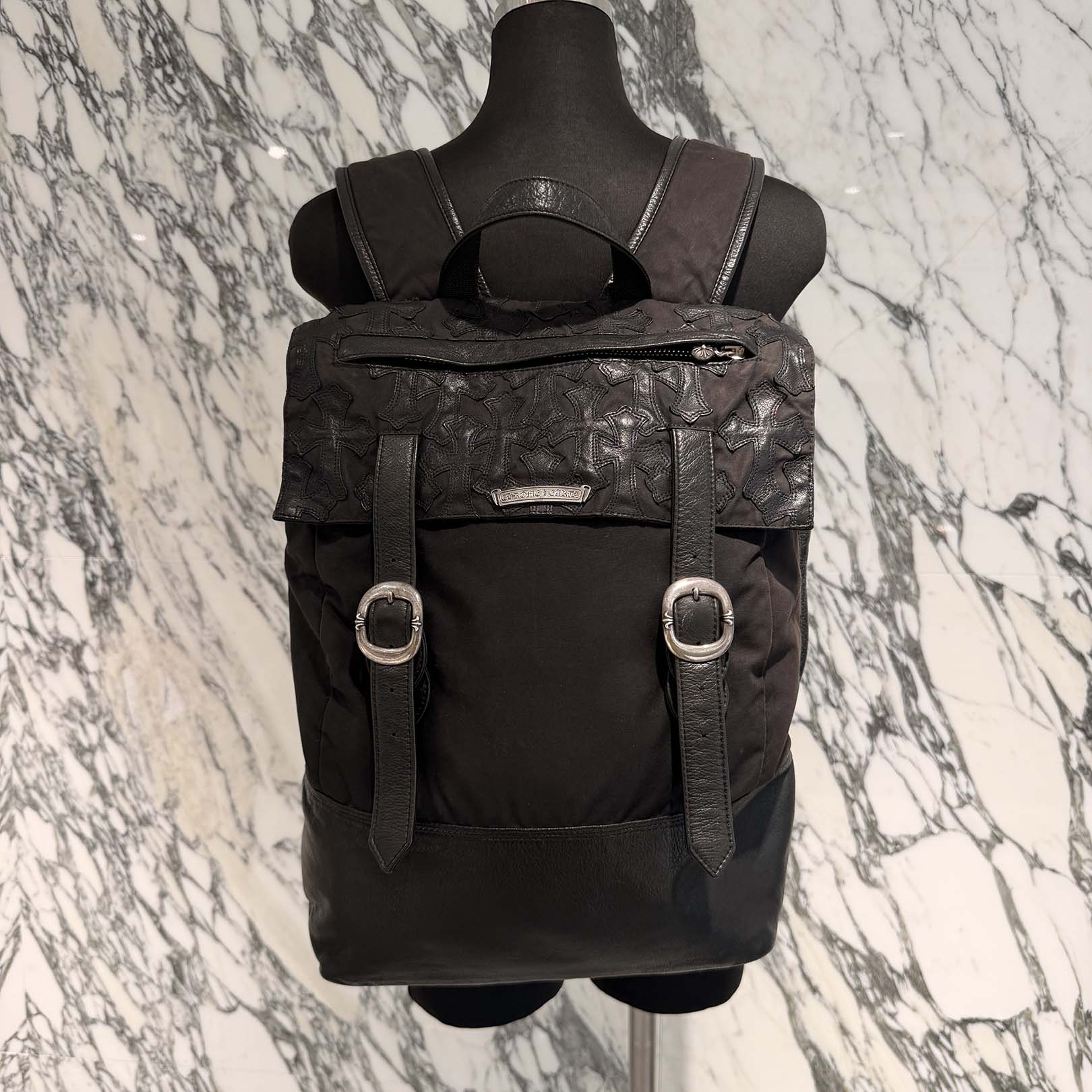 クロムハーツ キャンパス レザー リュック CHROME HEARTS Gunslinger Cemetery Cross Patch Leather Backpack