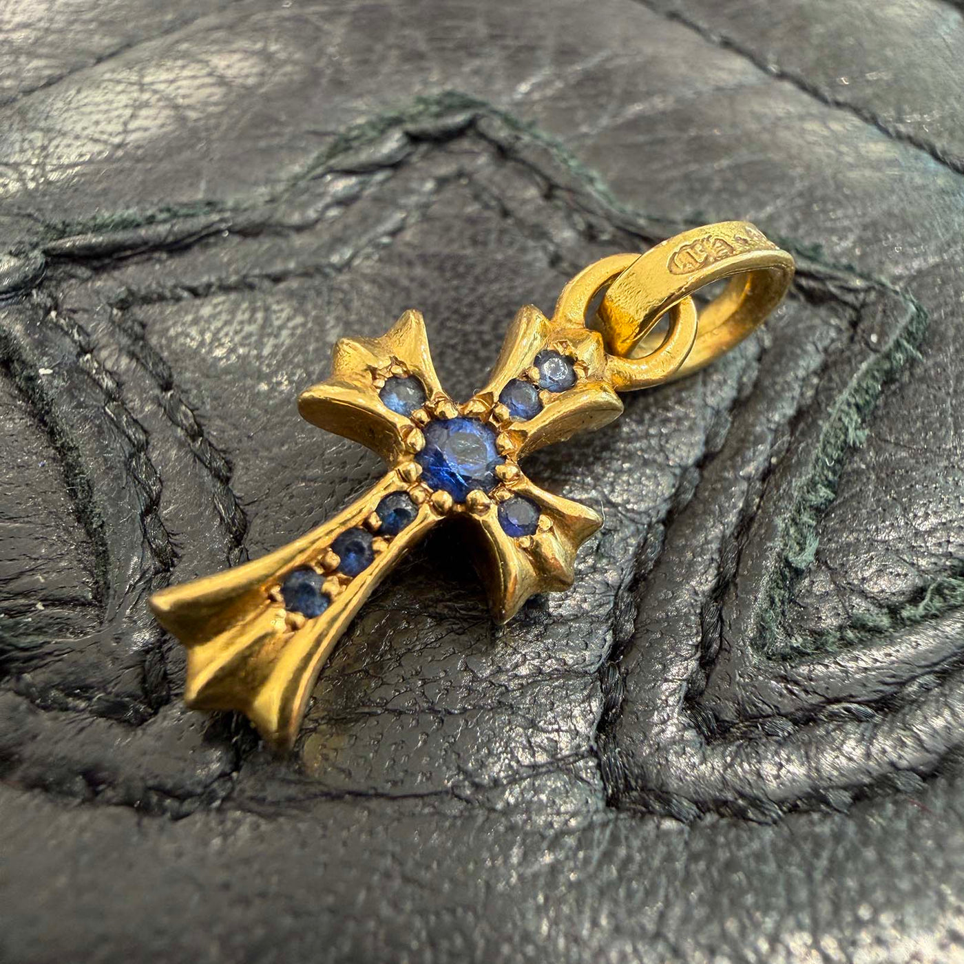 CHROME HEARTS 22K Baby Fat Cross Pave Blue Sapphire Pendant Top 