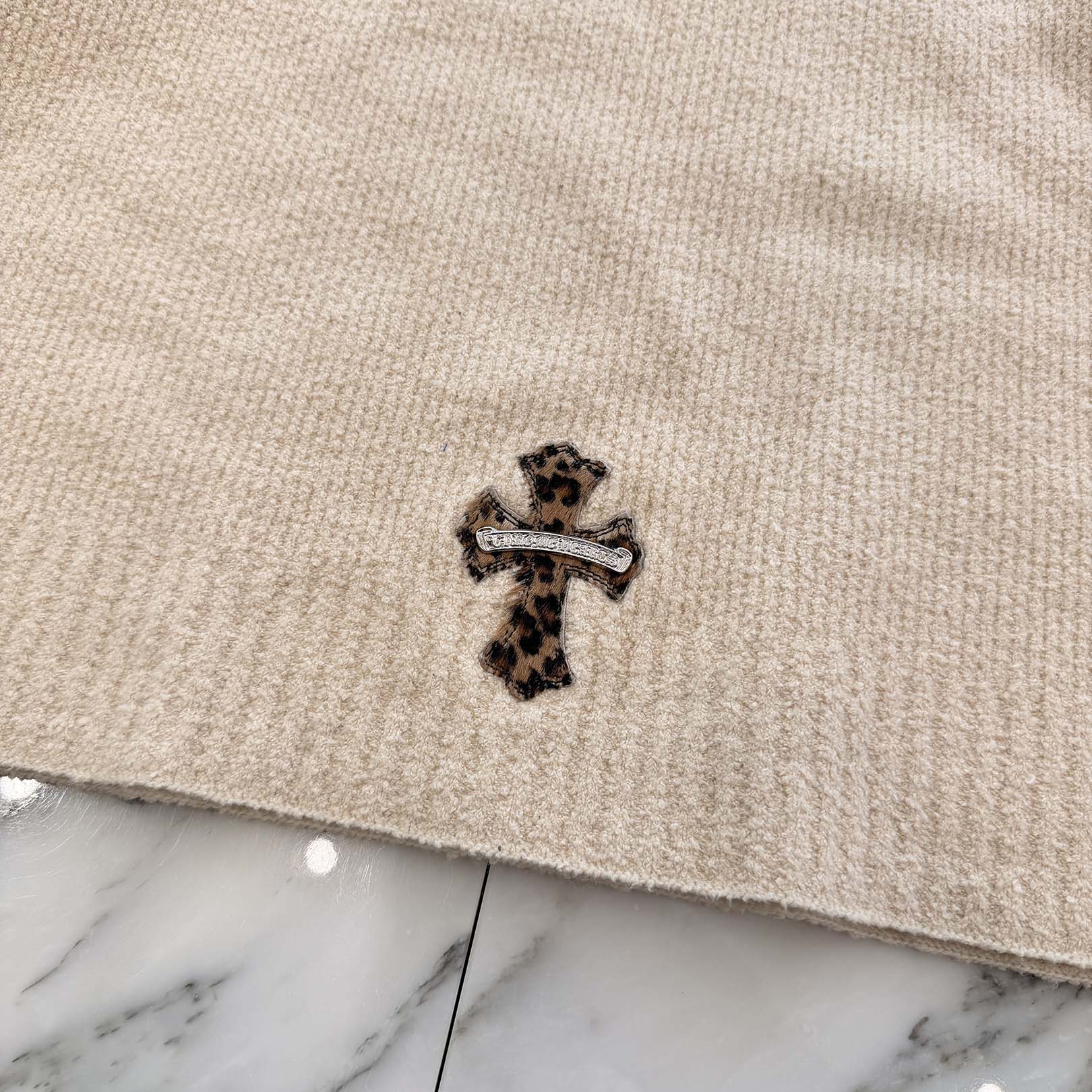 CHROME HEARTS YNOT Leopard Harako Leather Cross Patch Knit Pullover Hoodie Size M/L クロムハーツ ワイノット レオパード ハラコレザー クロスパッチ ニット プルオーバーフーディー サイズM/L