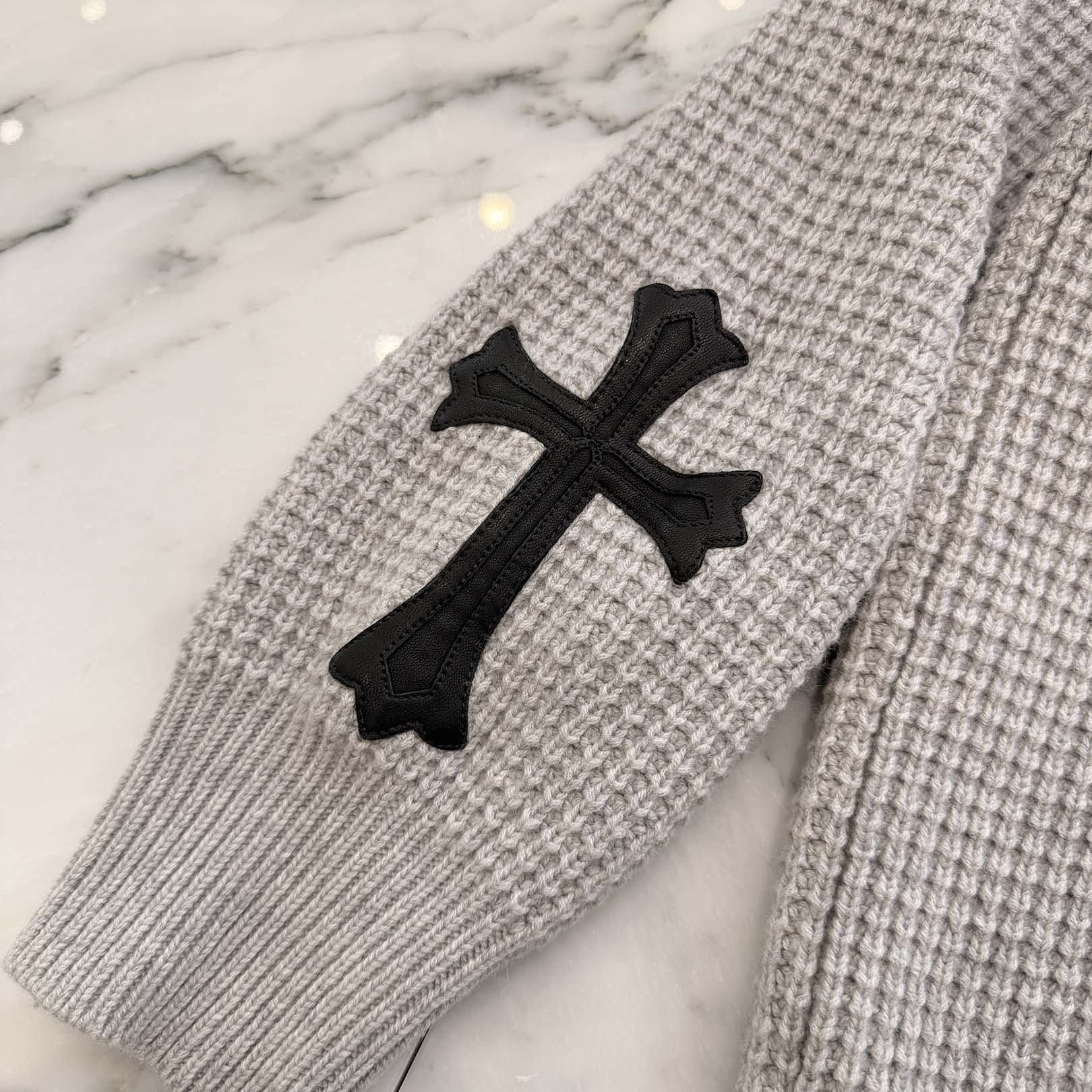 CHROME HEARTS Y NOT Arm Leather Cross Patch Cashmere Knit Sweater Size L クロムハーツ ワイノット アームレザークロスパッチ カシミヤ ニットセーター サイズL