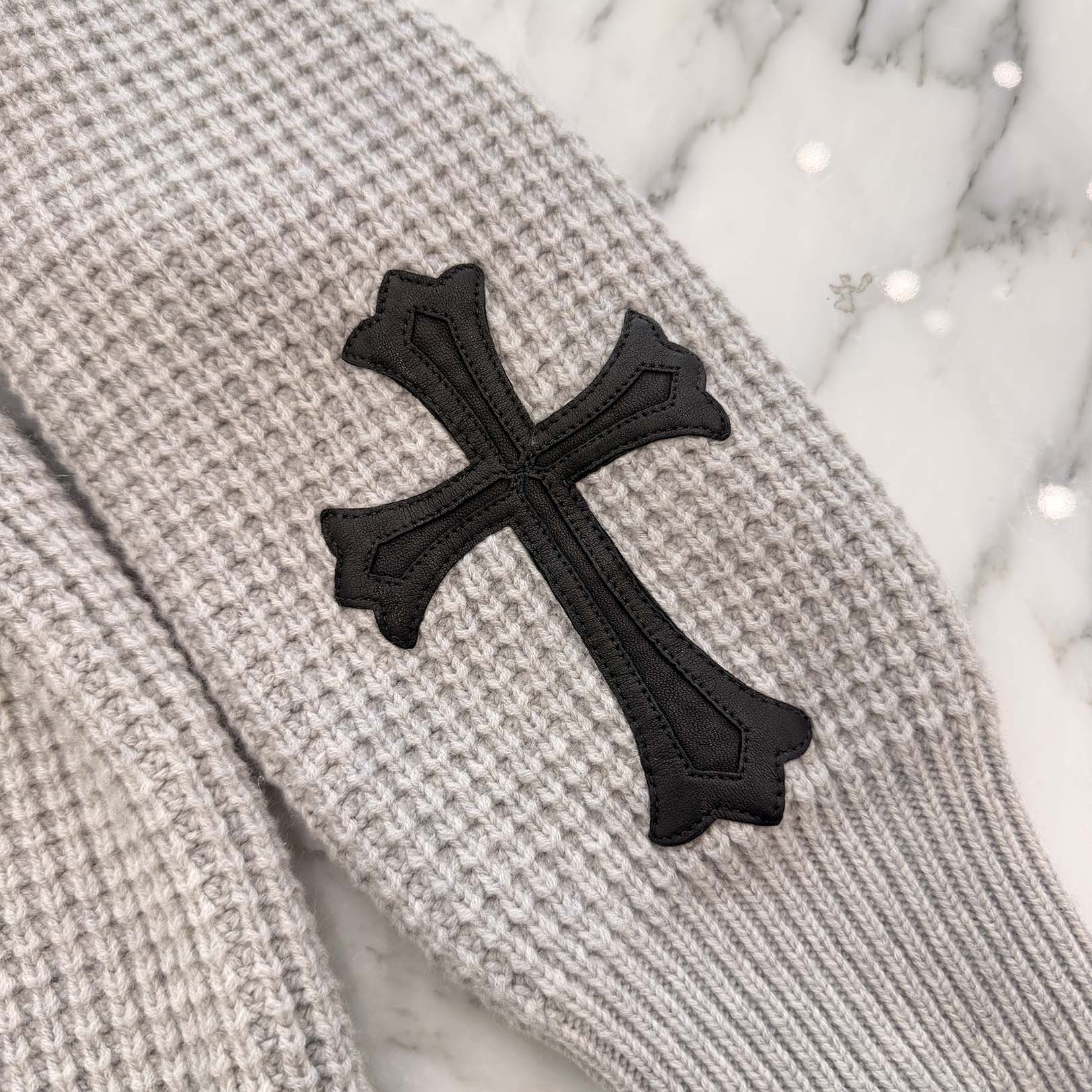 CHROME HEARTS Y NOT Arm Leather Cross Patch Cashmere Knit Sweater Size L クロムハーツ ワイノット アームレザークロスパッチ カシミヤ ニットセーター サイズL