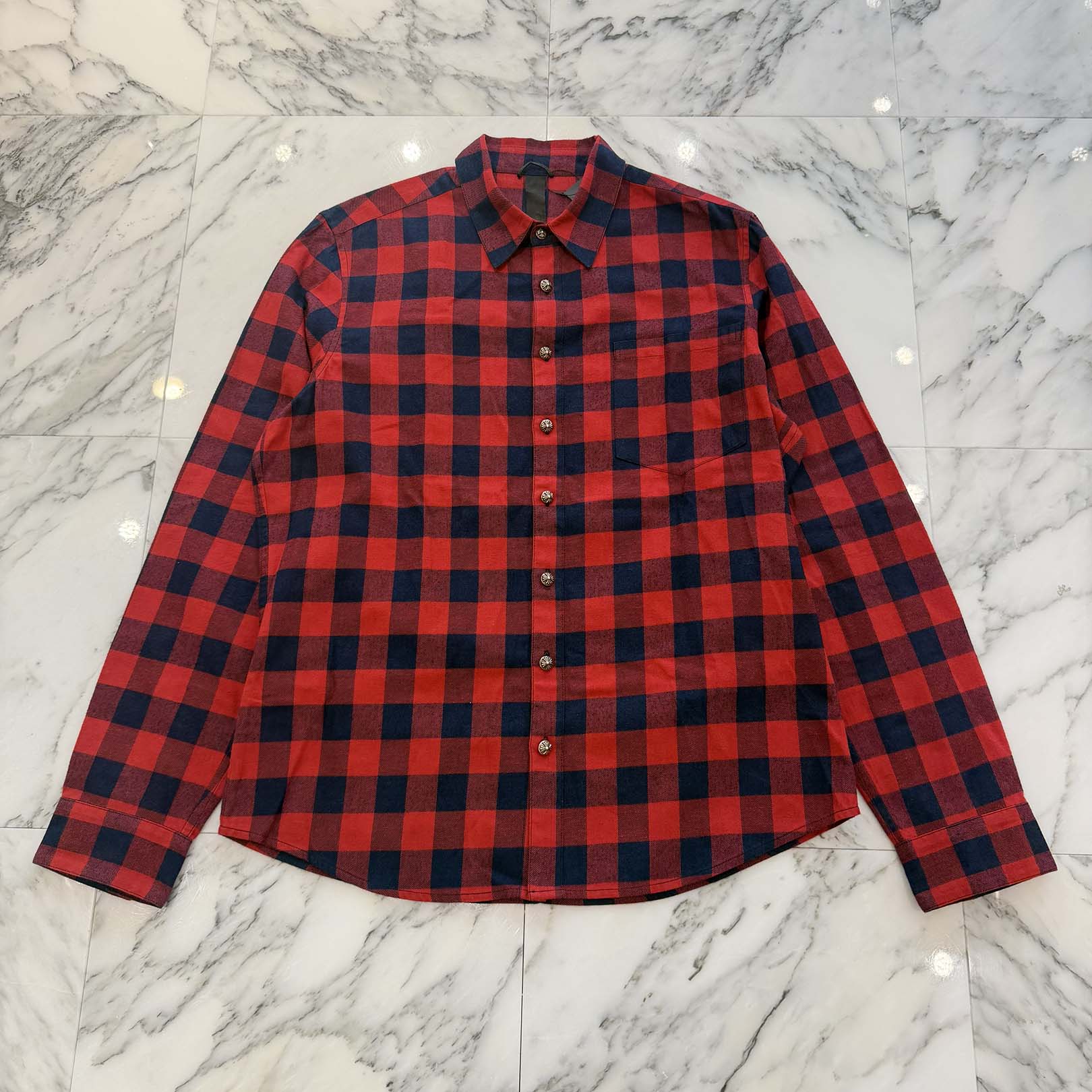 CHROME HEARTS Y NOT Loose Ends Star Leather Patch Check Shirt Size XL クロムハーツ ワイノット ルーズエンド スターレザーパッチ チェックシャツ サイズXL