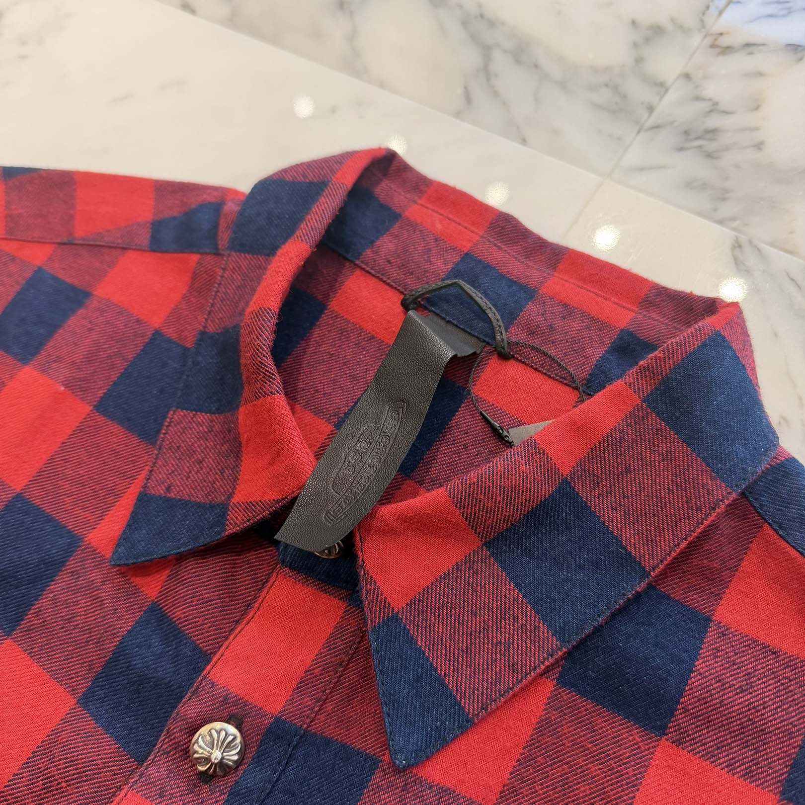 CHROME HEARTS Y NOT Loose Ends Star Leather Patch Check Shirt Size XL クロムハーツ ワイノット ルーズエンド スターレザーパッチ チェックシャツ サイズXL