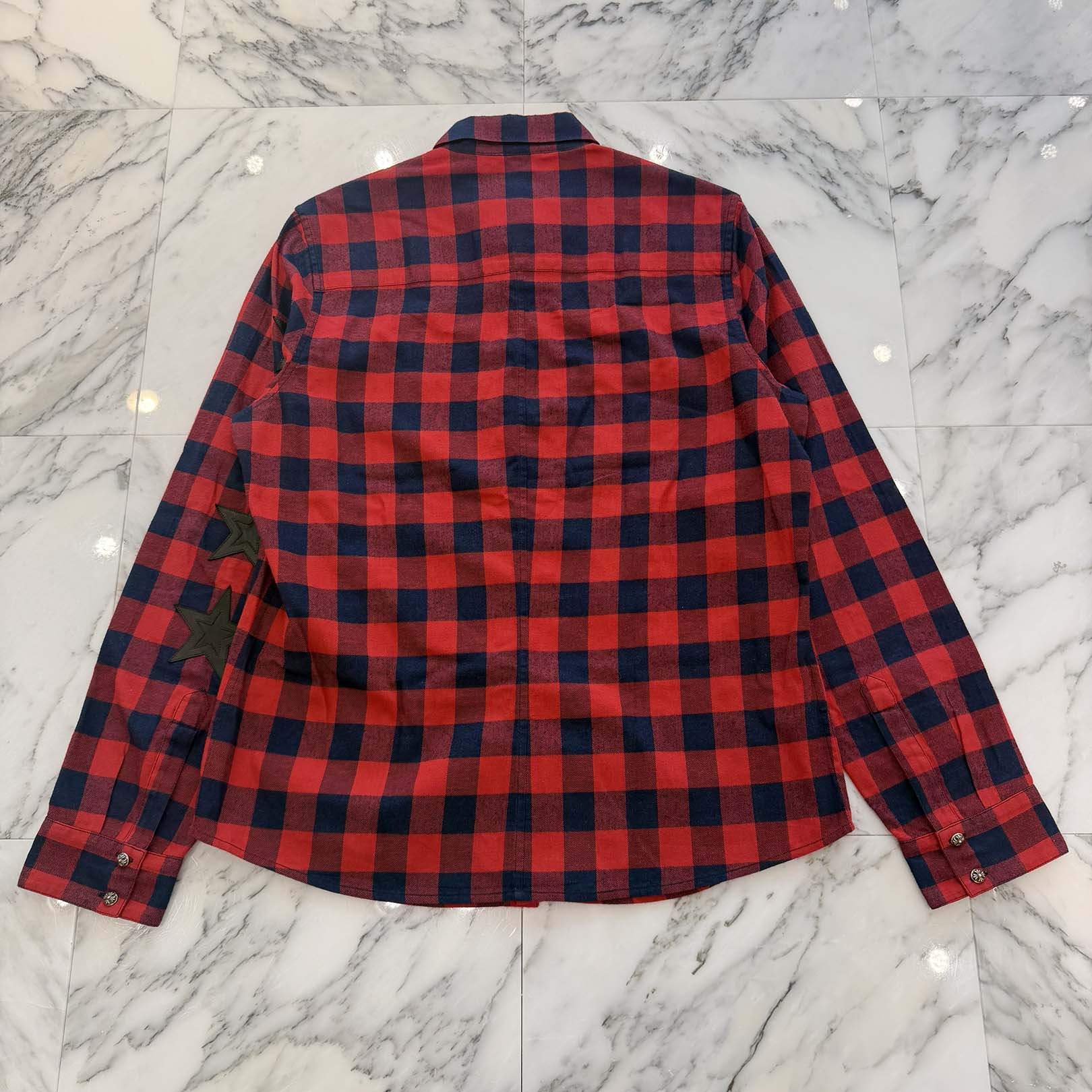 CHROME HEARTS Y NOT Loose Ends Star Leather Patch Check Shirt Size XL クロムハーツ ワイノット ルーズエンド スターレザーパッチ チェックシャツ サイズXL