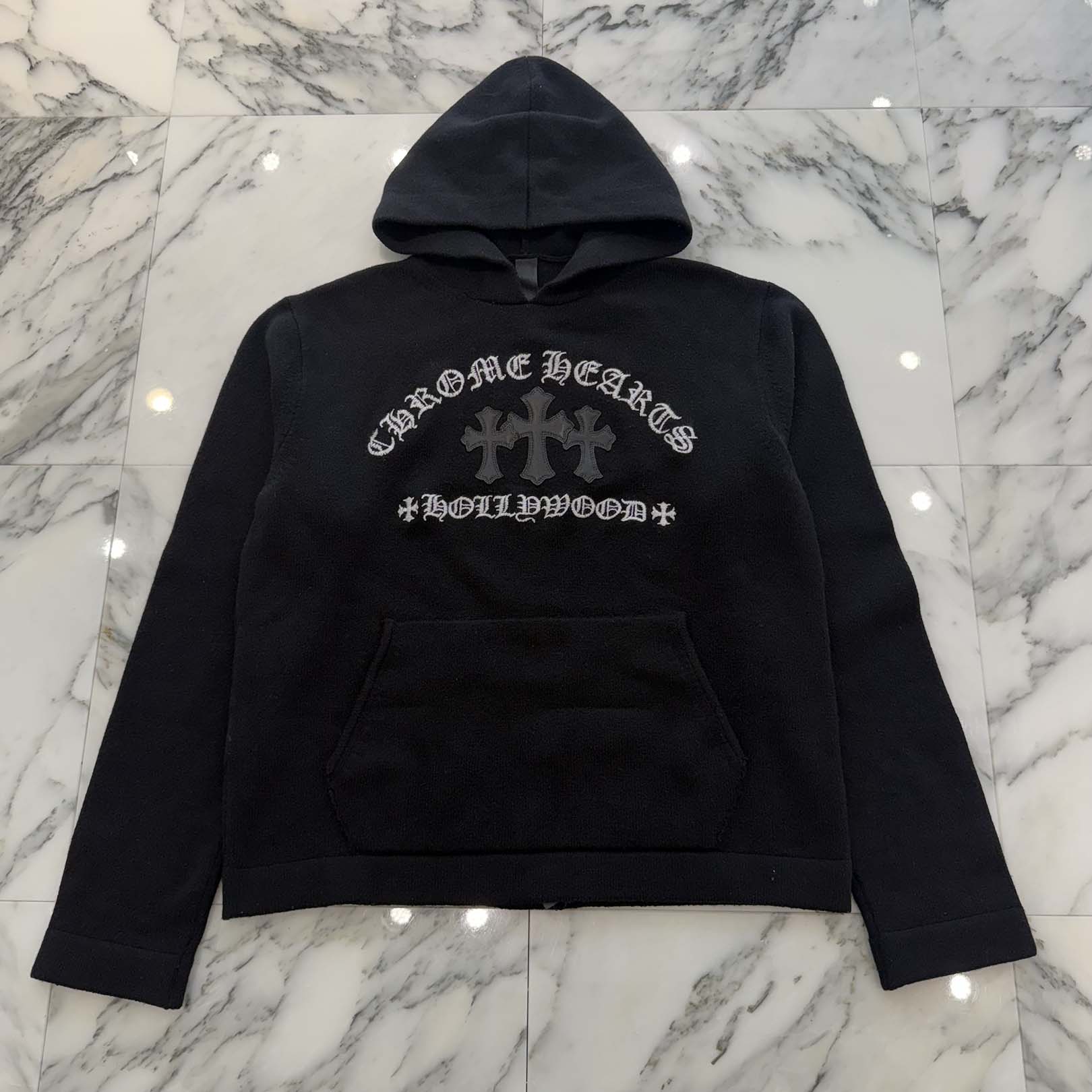 CHROME HEARTS Y NOT King Taco 3 Cemetery Cross Leather Patch Cashmere Knit Pullover Hoodie Size XS クロムハーツ ワイノット キングタコ 3セメタリークロス レザークロスパッチ カシミヤ ニット プルオーバーフーディー サイズXS