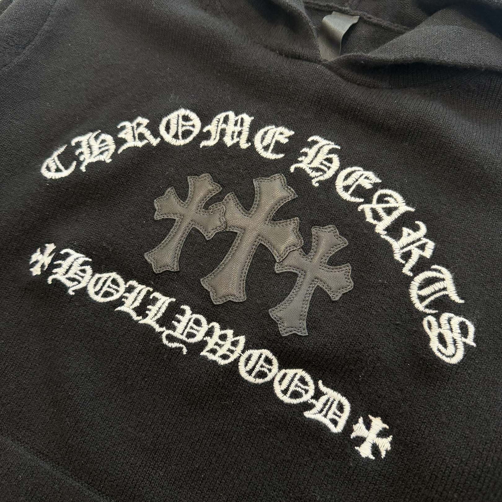 CHROME HEARTS Y NOT King Taco 3 Cemetery Cross Leather Patch Cashmere Knit Pullover Hoodie Size XS クロムハーツ ワイノット キングタコ 3セメタリークロス レザークロスパッチ カシミヤ ニット プルオーバーフーディー サイズXS